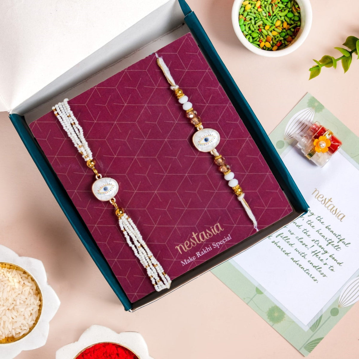 Evil Eye Protection White Rakhi Bracelet Gift Set Nestasia