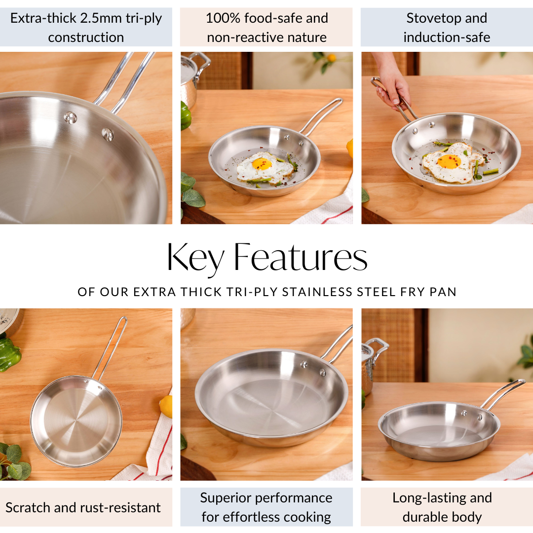 Tri Ply Thick Stainless Steel Fry Pan Induction Safe 1750ml Nestasia
