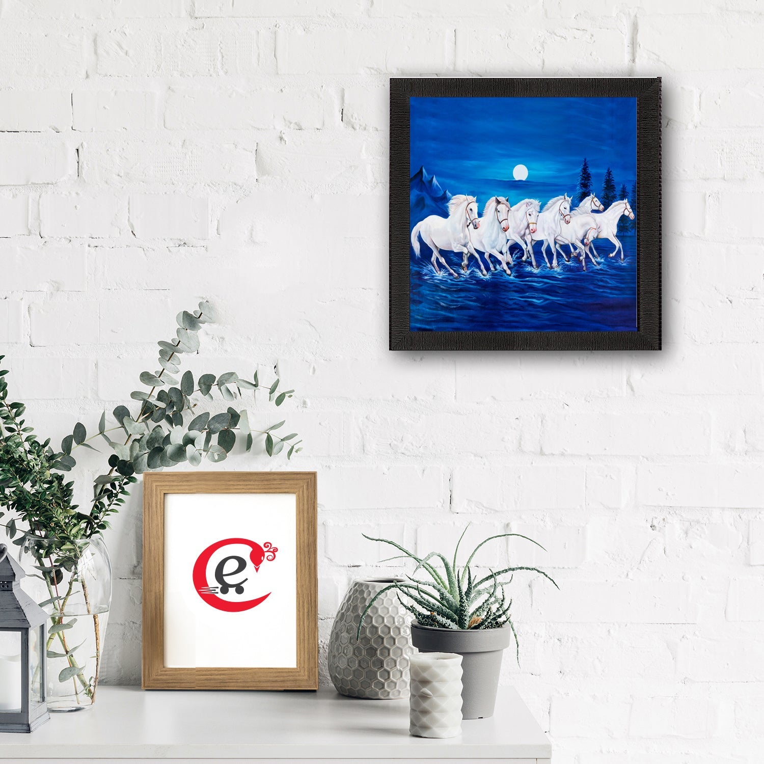 Seven White Running Horses Painting Digital Printed Animal Wall Art Kafalo