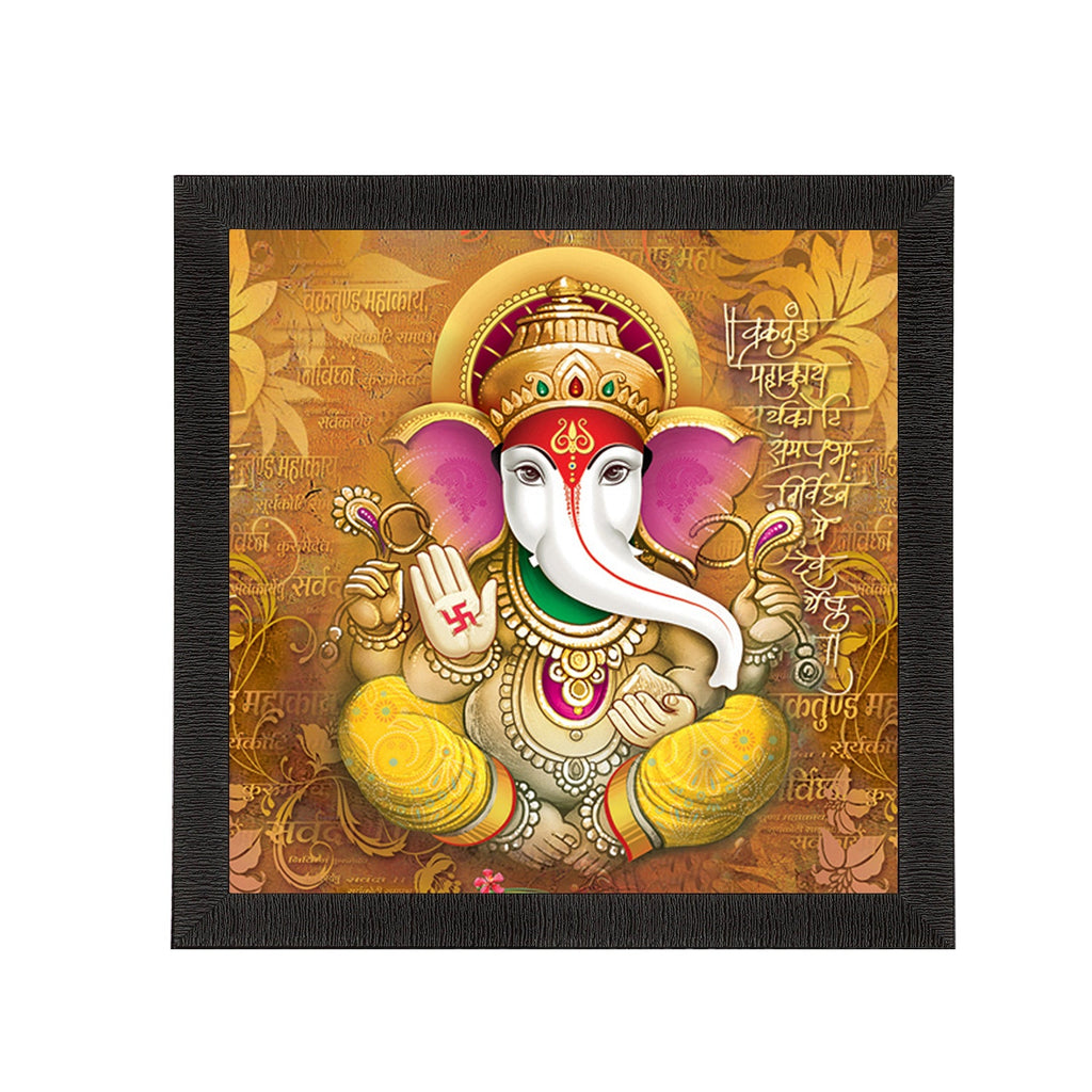 Chaturbhuj Lord Ganesha Painting With Vakratunda Mahakaya Shloka Digital Printed Religious Wall Art Kafalo