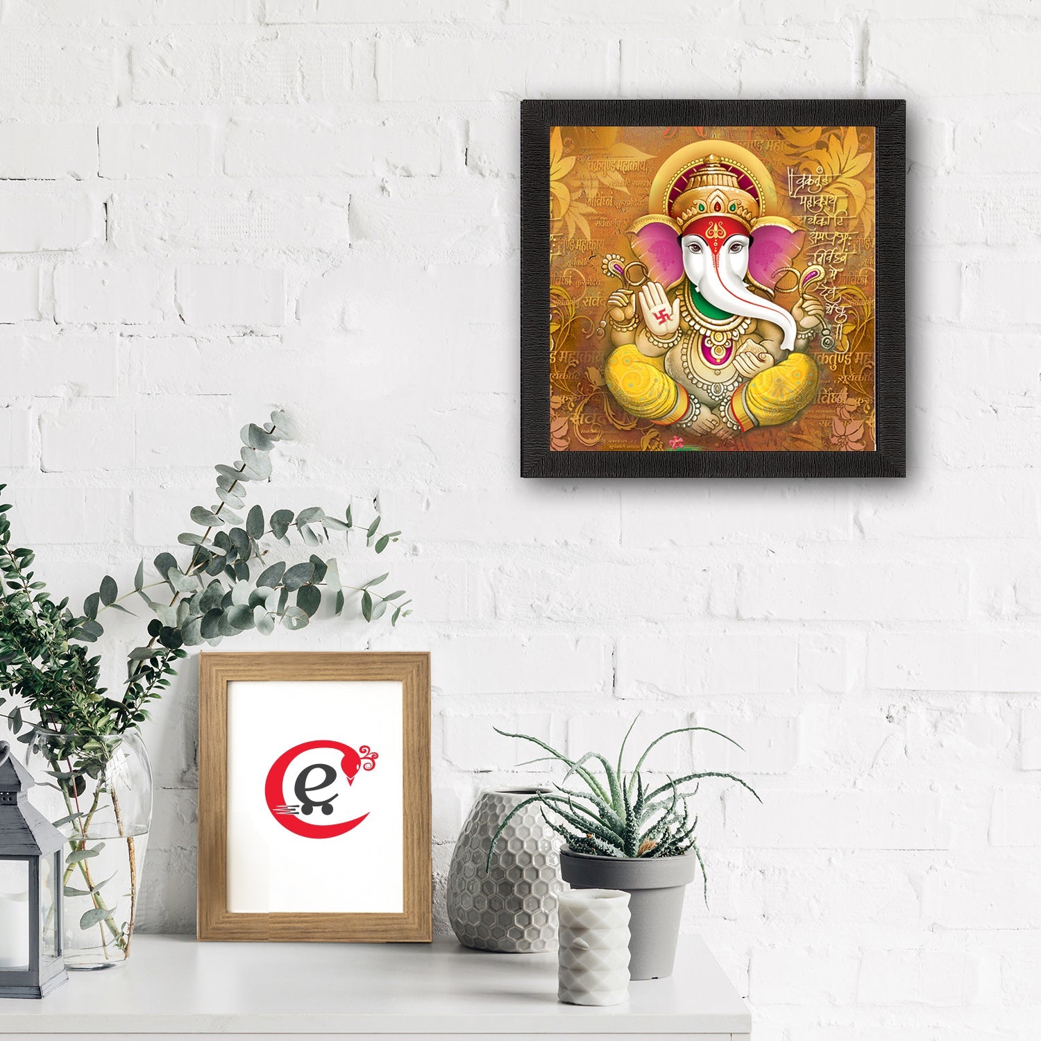 Chaturbhuj Lord Ganesha Painting With Vakratunda Mahakaya Shloka Digital Printed Religious Wall Art Kafalo