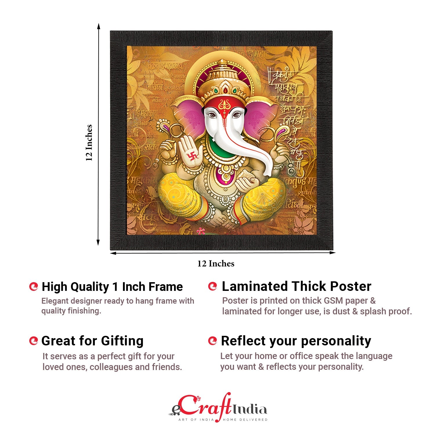Chaturbhuj Lord Ganesha Painting With Vakratunda Mahakaya Shloka Digital Printed Religious Wall Art Kafalo
