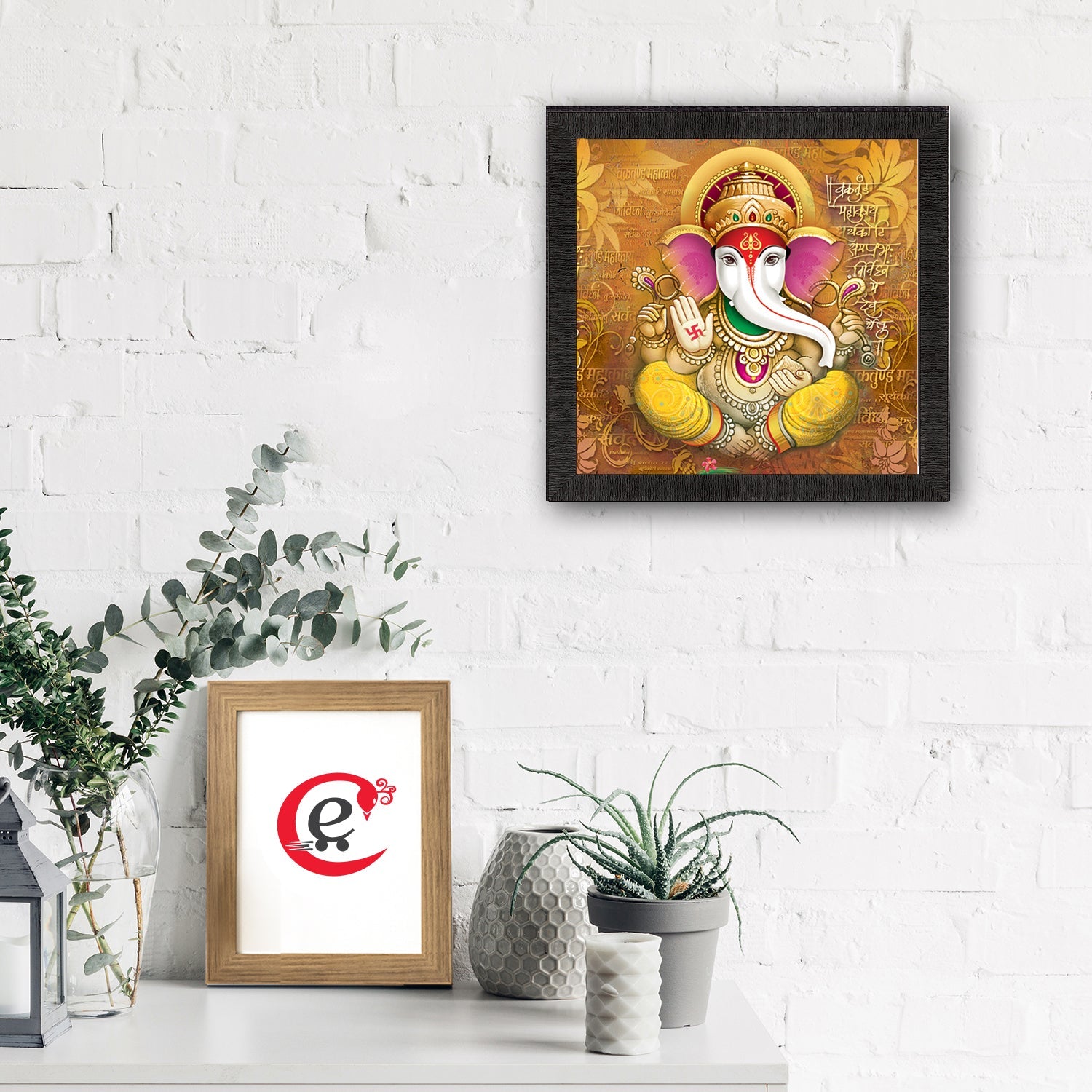 Chaturbhuj Lord Ganesha Wall Painting With Vakratunda Mahakaya Shloka Digital Printed Religious Art Kafalo