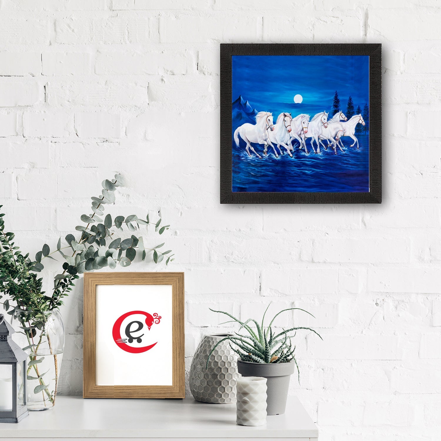 Seven White Running Horses Painting Digital Printed Animal Wall Art Kafalo