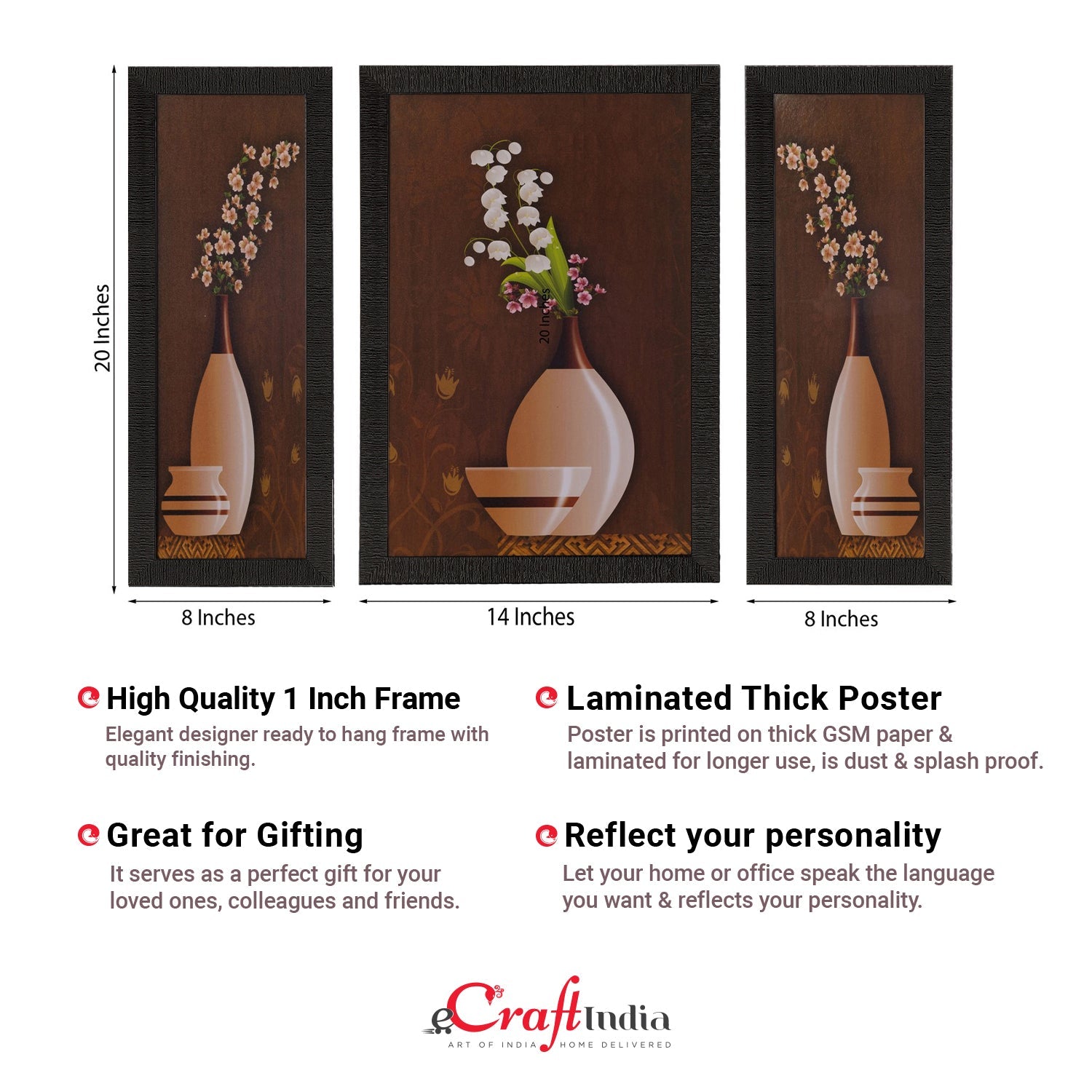 Set of 3 Floral Pot Satin Matt Texture UV Art Painting Kafalo