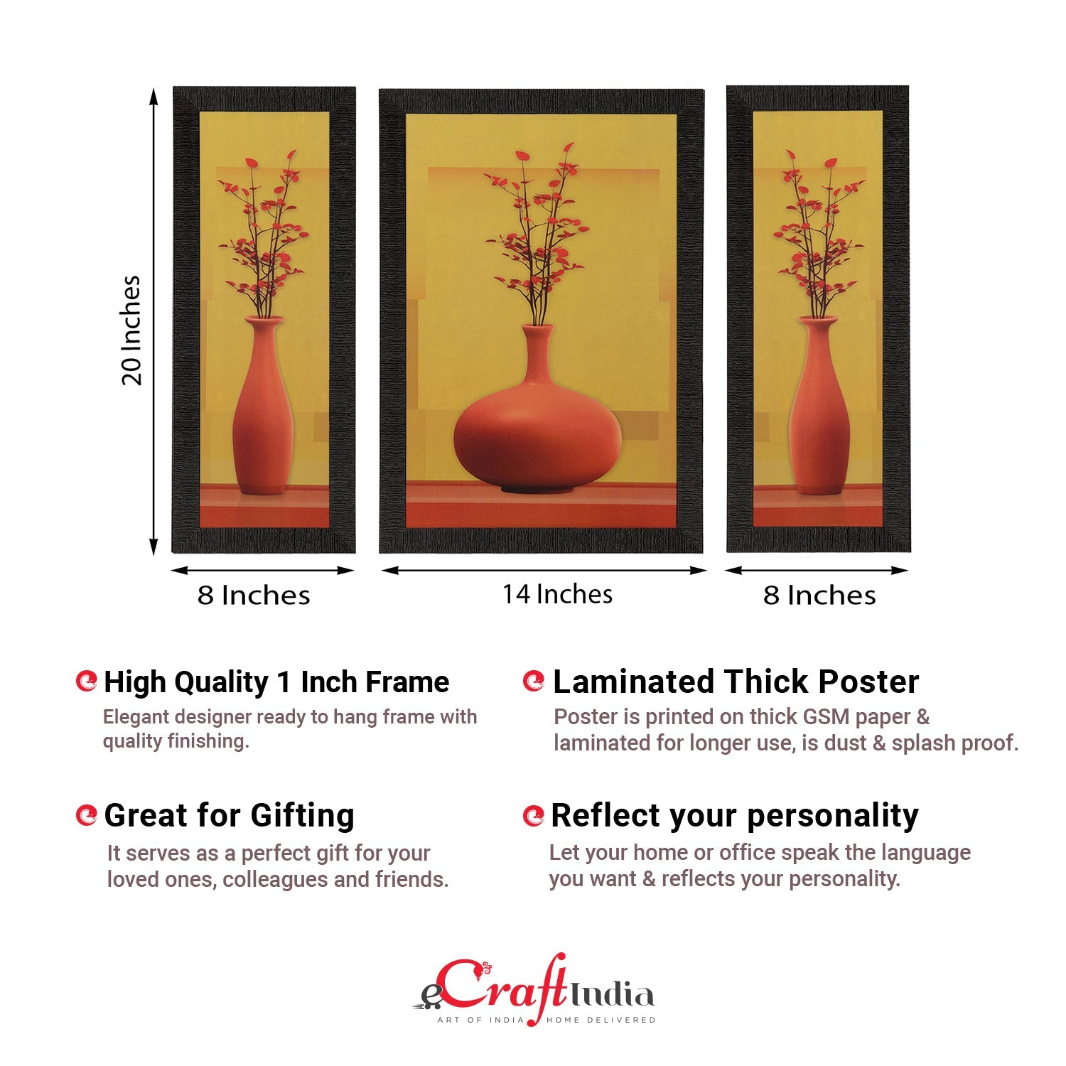 Set of 3 Floral Pots Satin Matt Texture UV Art Painting Kafalo