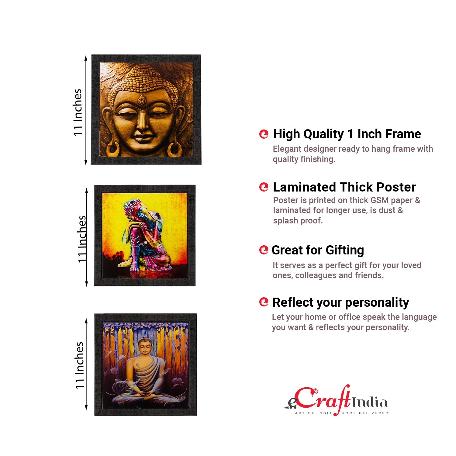 Set of 3 Meditating Buddha Matt Textured UV Art Painting Kafalo