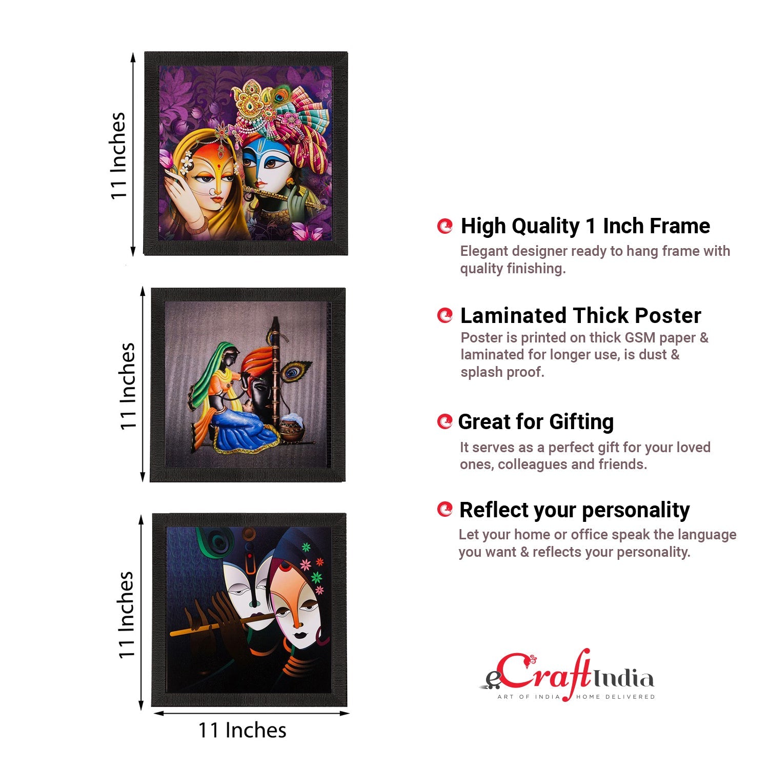 Set of 3 Radha Krishna Matt Textured UV Art Painting Kafalo