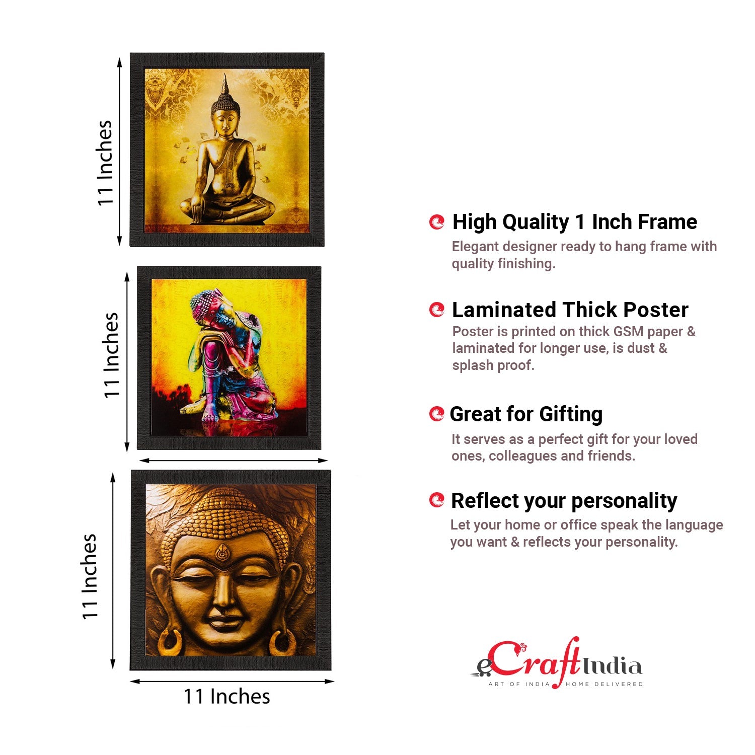 Set of 3 Meditating Buddha Matt Textured UV Art Painting Kafalo