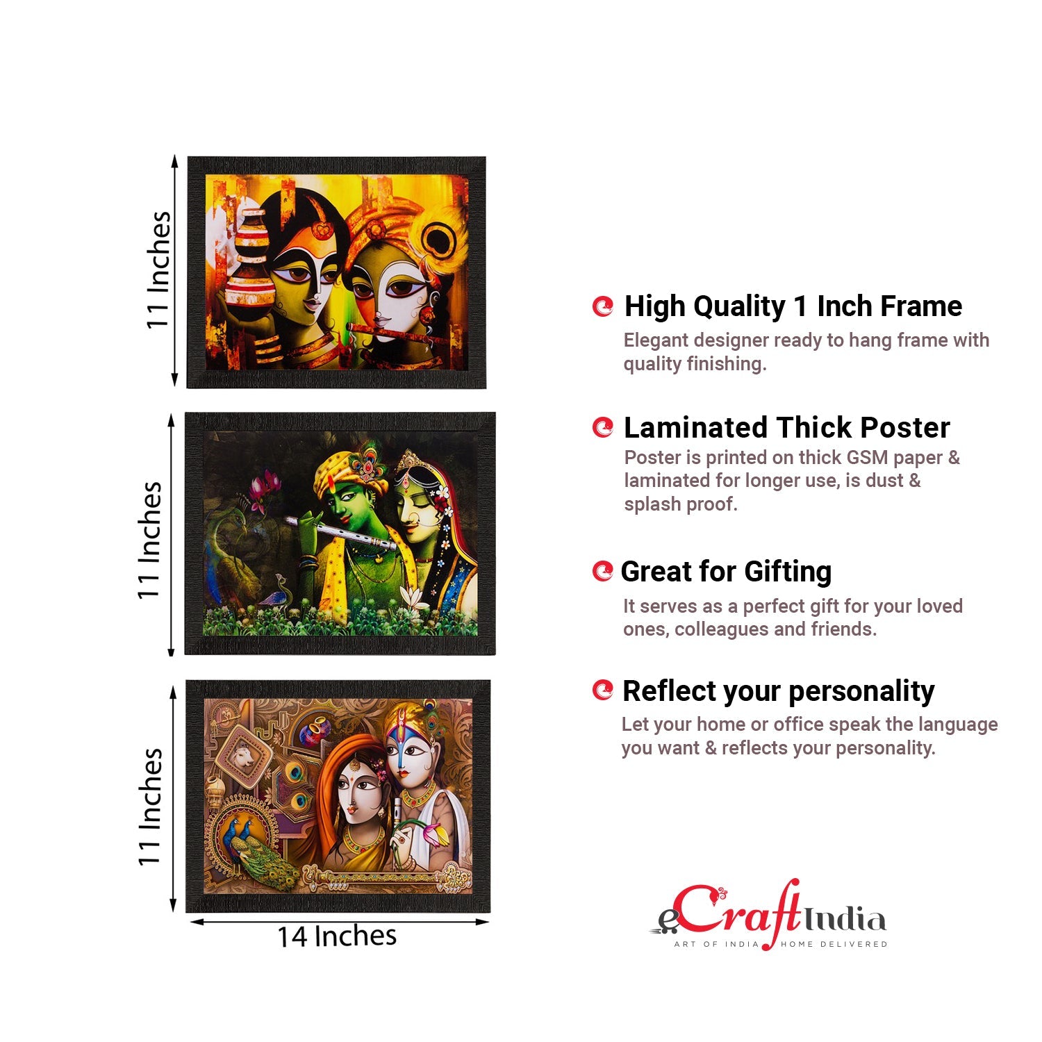 Set of 3 Radha Krishna Matt Textured UV Art Painting Kafalo