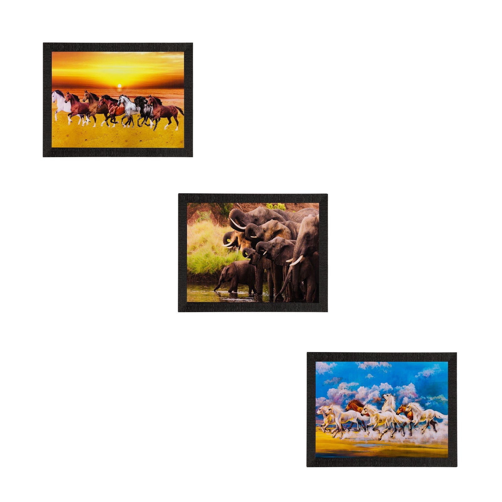 Set of 3 Running Horses and Elephants Matt Textured UV Art Painting Kafalo