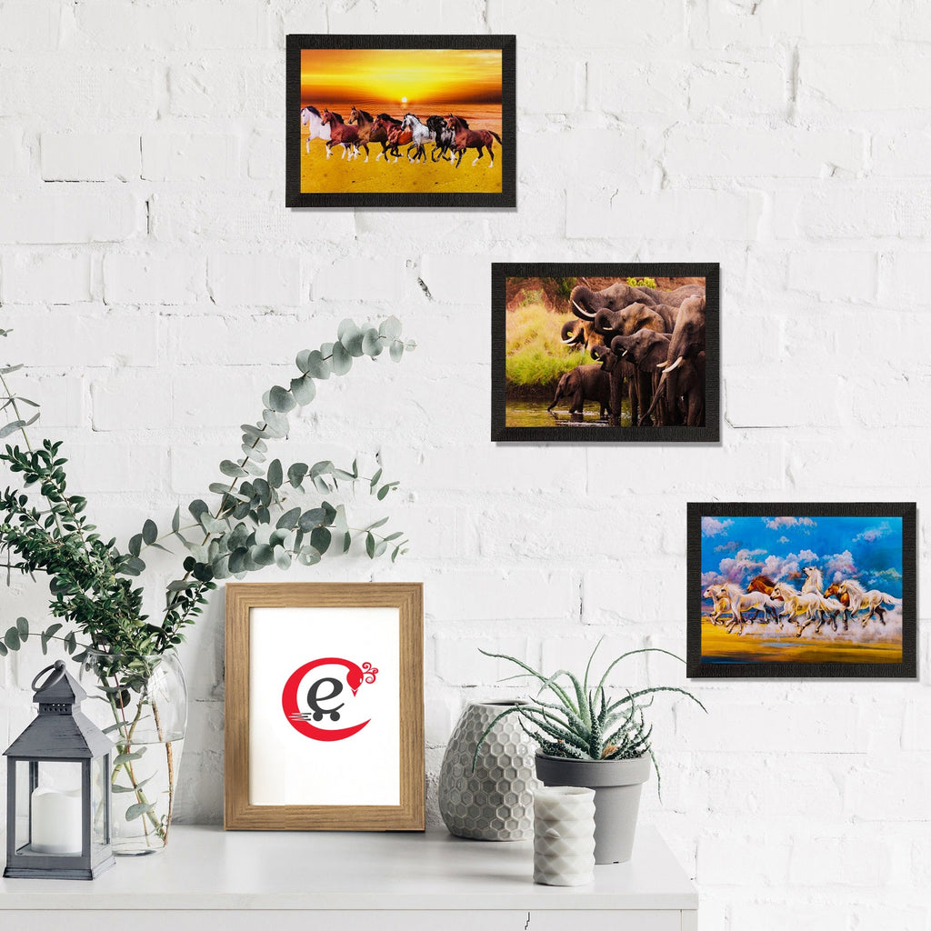 Set of 3 Running Horses and Elephants Matt Textured UV Art Painting Kafalo