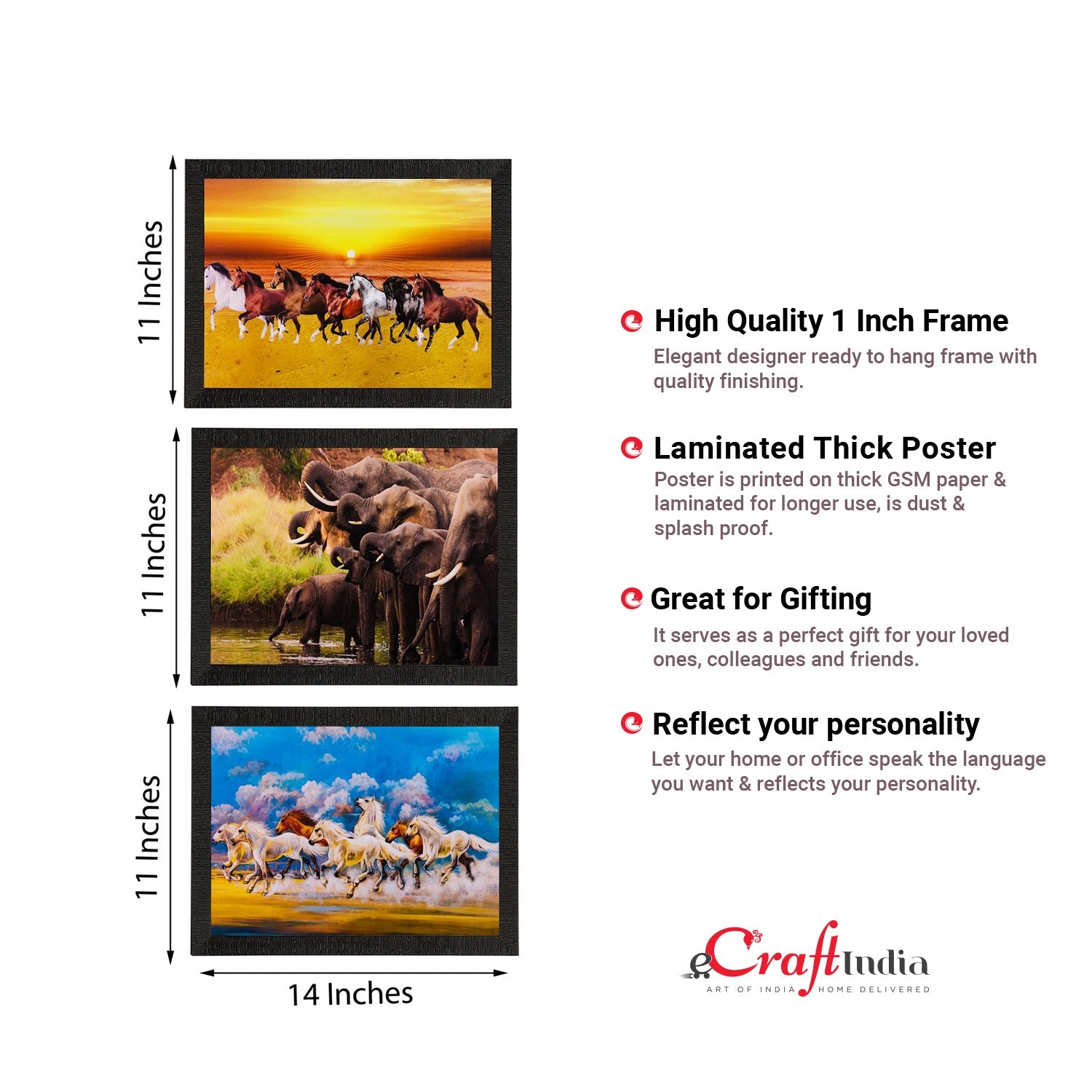 Set of 3 Running Horses and Elephants Matt Textured UV Art Painting Kafalo