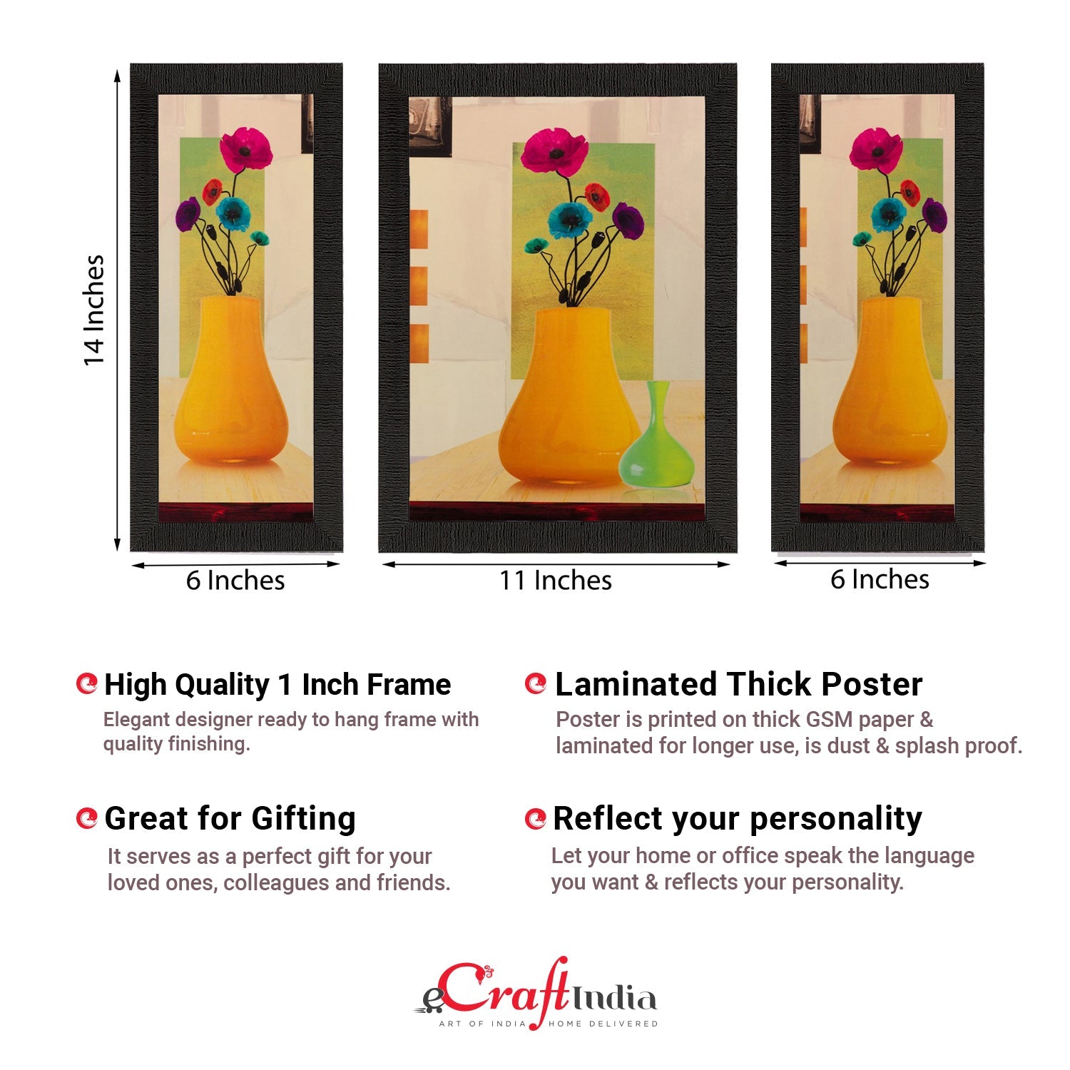 Set of 3 Floral Pot Matt Textured UV Art Painting Kafalo