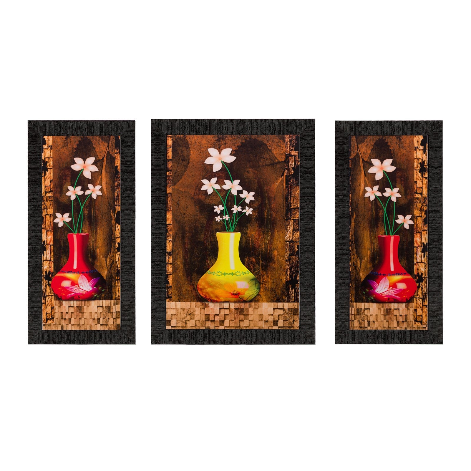 Set of 3 Floral Pot Matt Textured UV Art Painting Kafalo