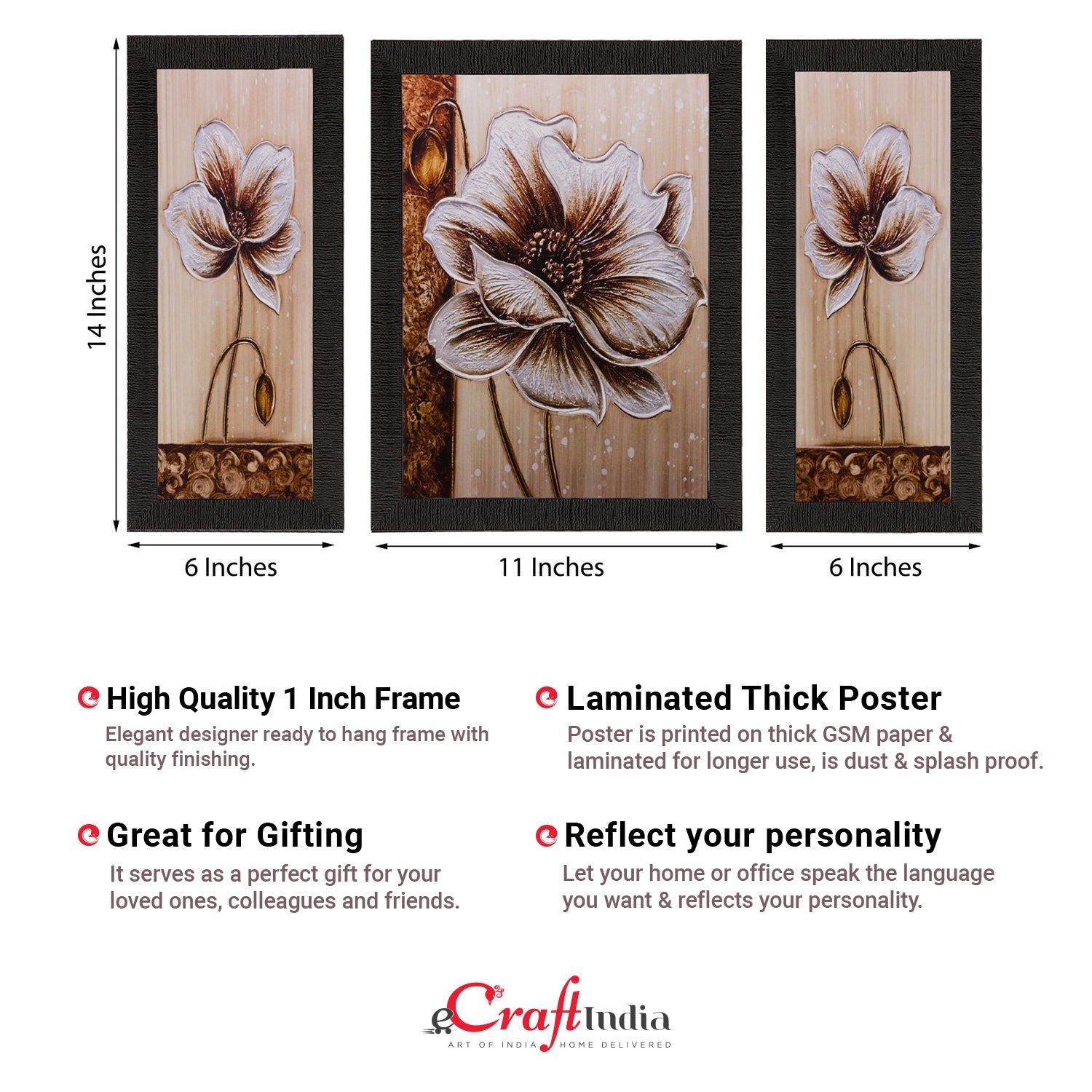 Set of 3 Floral Matt Textured UV Art Painting Kafalo