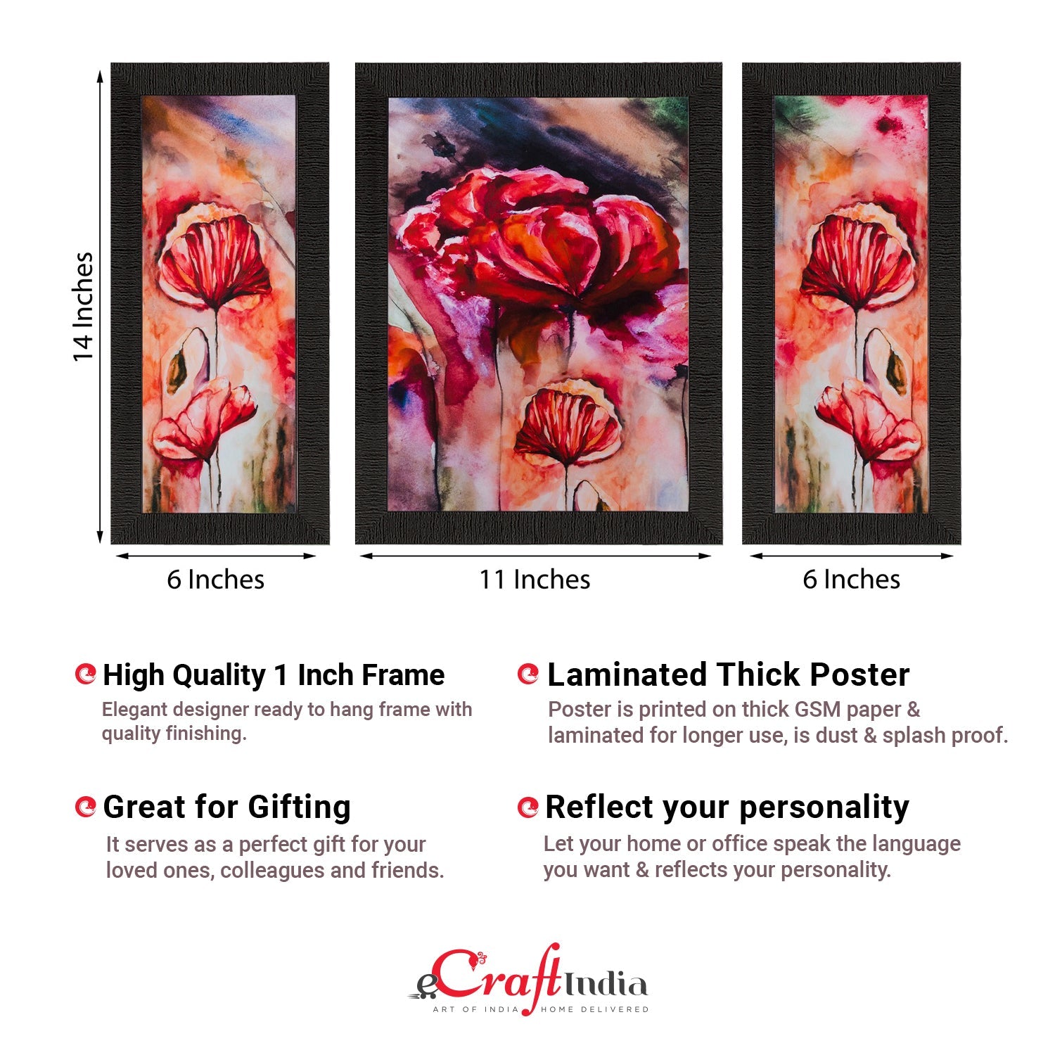 Set of 3 Floral Matt Textured UV Art Painting Kafalo