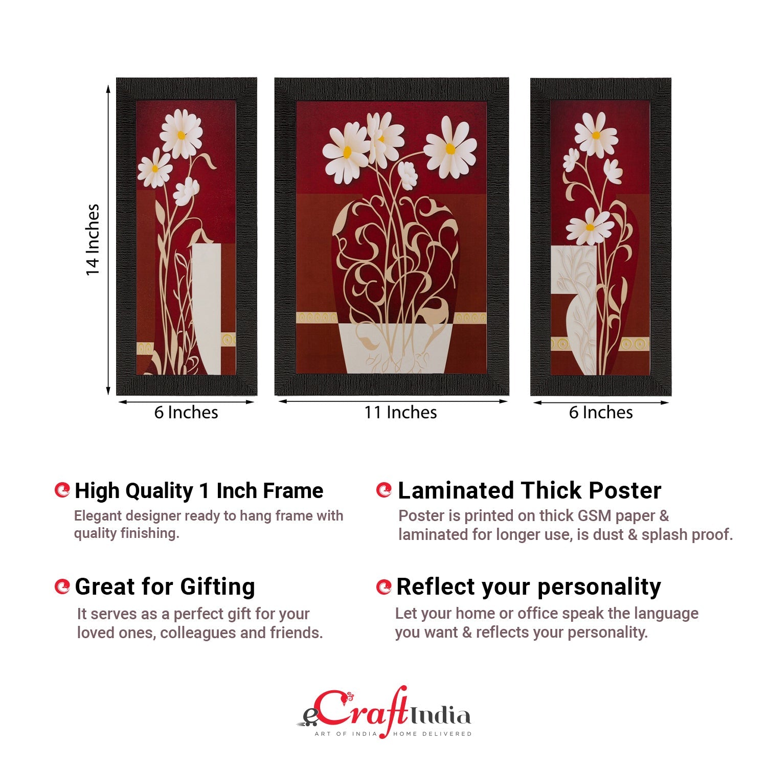 Set of 3 Floral Pot Matt Textured UV Art Painting Kafalo