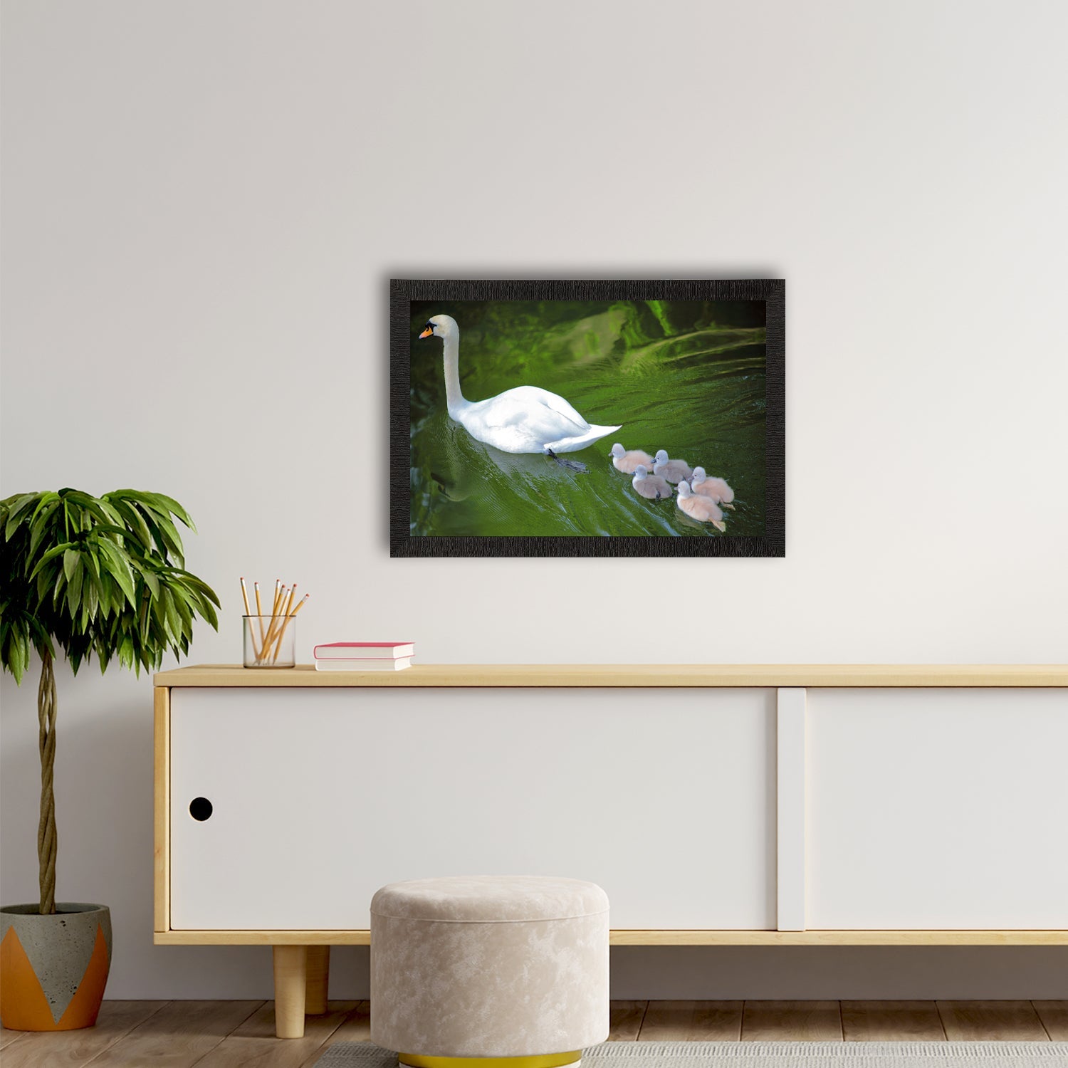 SwanWith Baby Satin Matt Texture UV Art Painting Kafalo