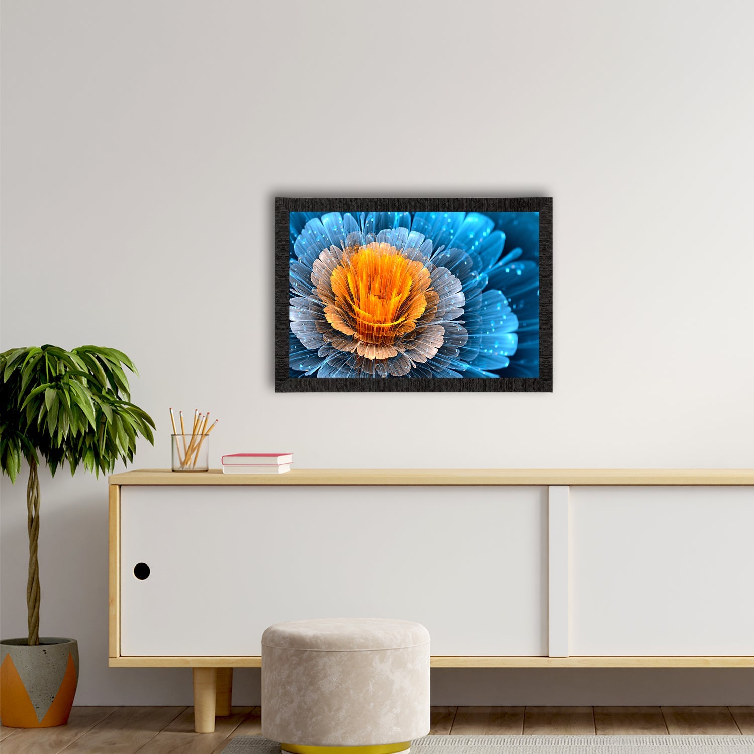 Blue And Yellow Glowing Flower Painting Digital Printed Floral Wall Art Kafalo