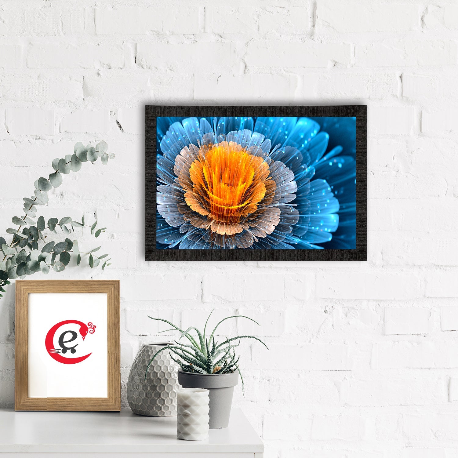 Blue And Yellow Glowing Flower Painting Digital Printed Floral Wall Art Kafalo