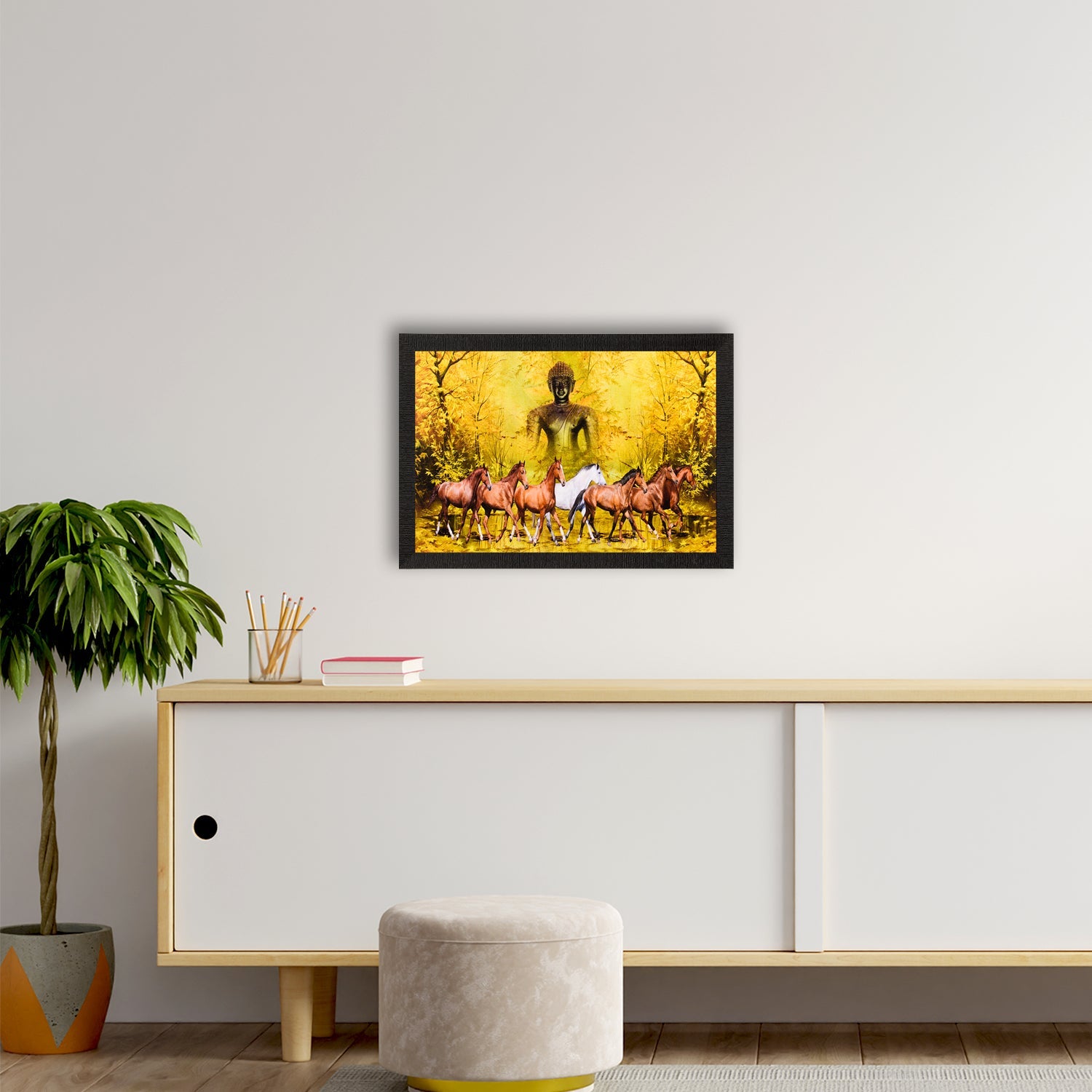 Lord Buddha & Horses Satin Matt Texture UV Art Painting Kafalo