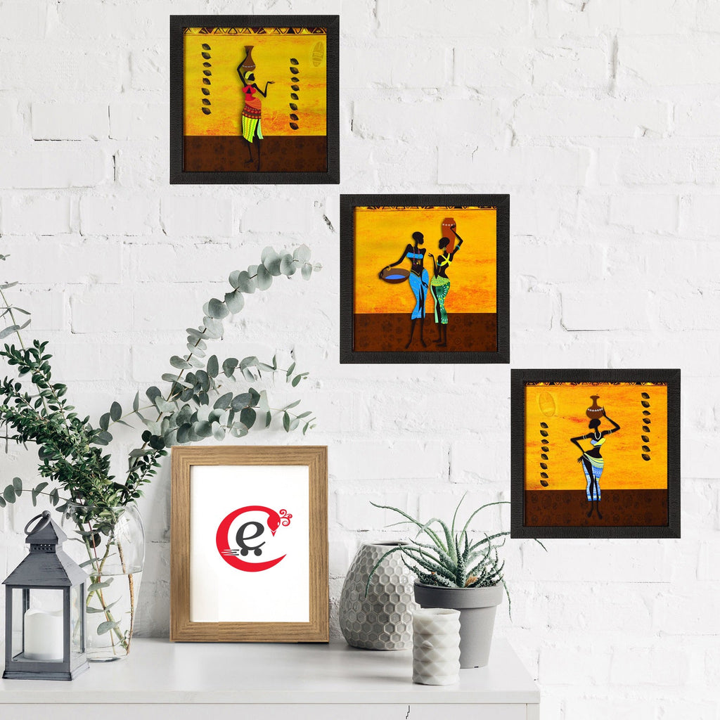 Set of 3 Tribal Ladies Matt Textured UV Art Painting Kafalo