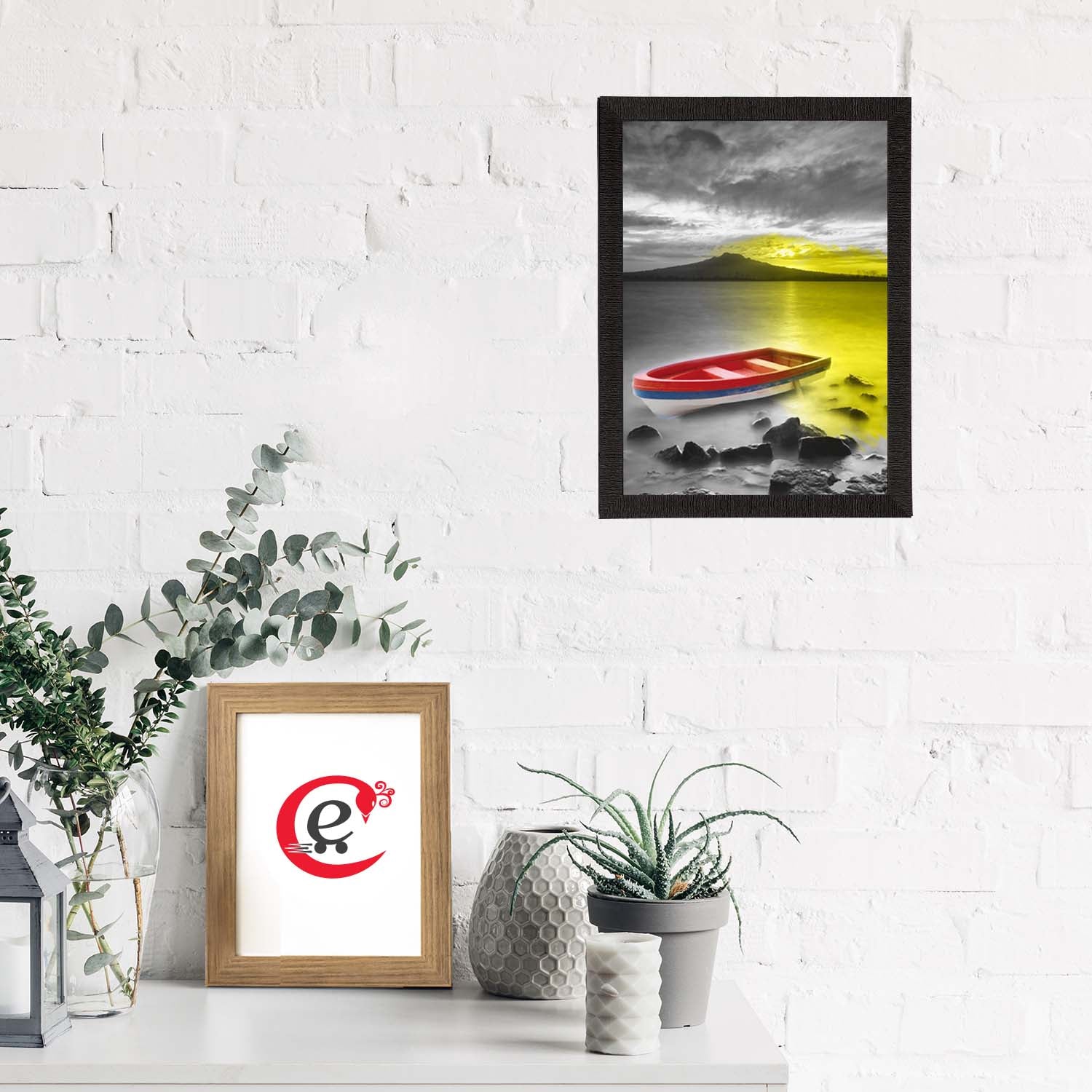 Colorful River Side Parked Boat Satin Matt Texture UV Art Painting