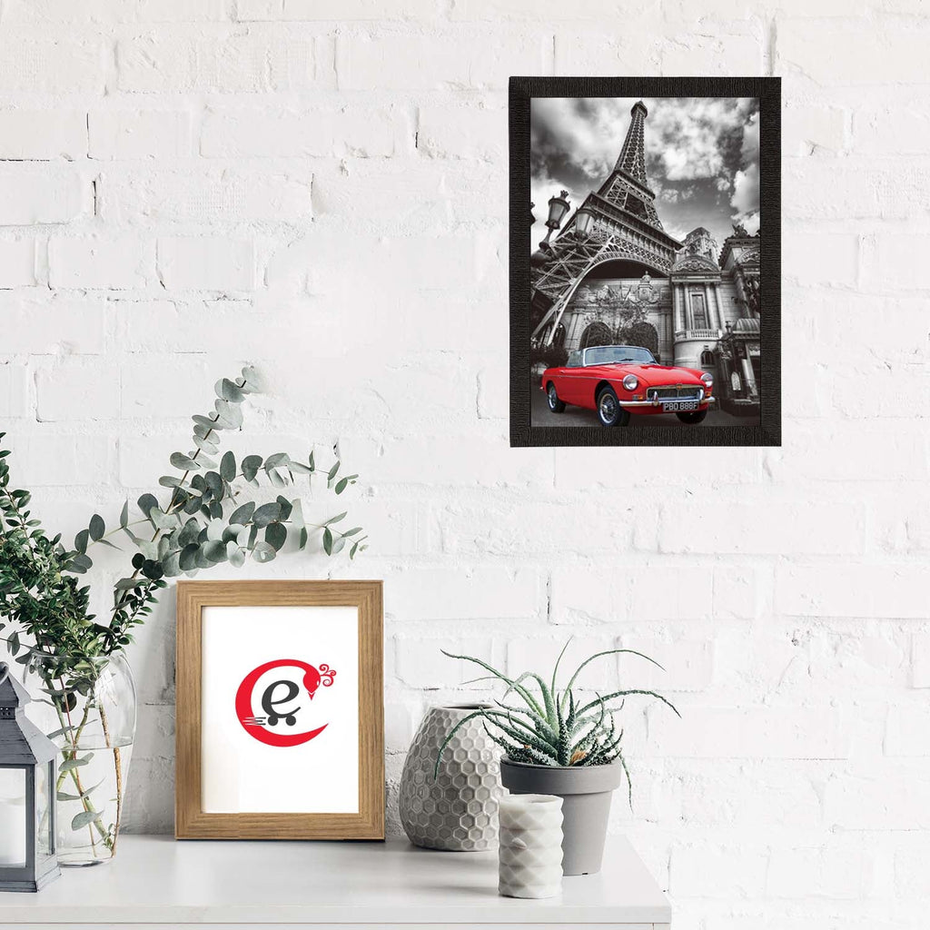 Red Car Underneath Eiffel Tower Satin Matt Texture UV Art Painting