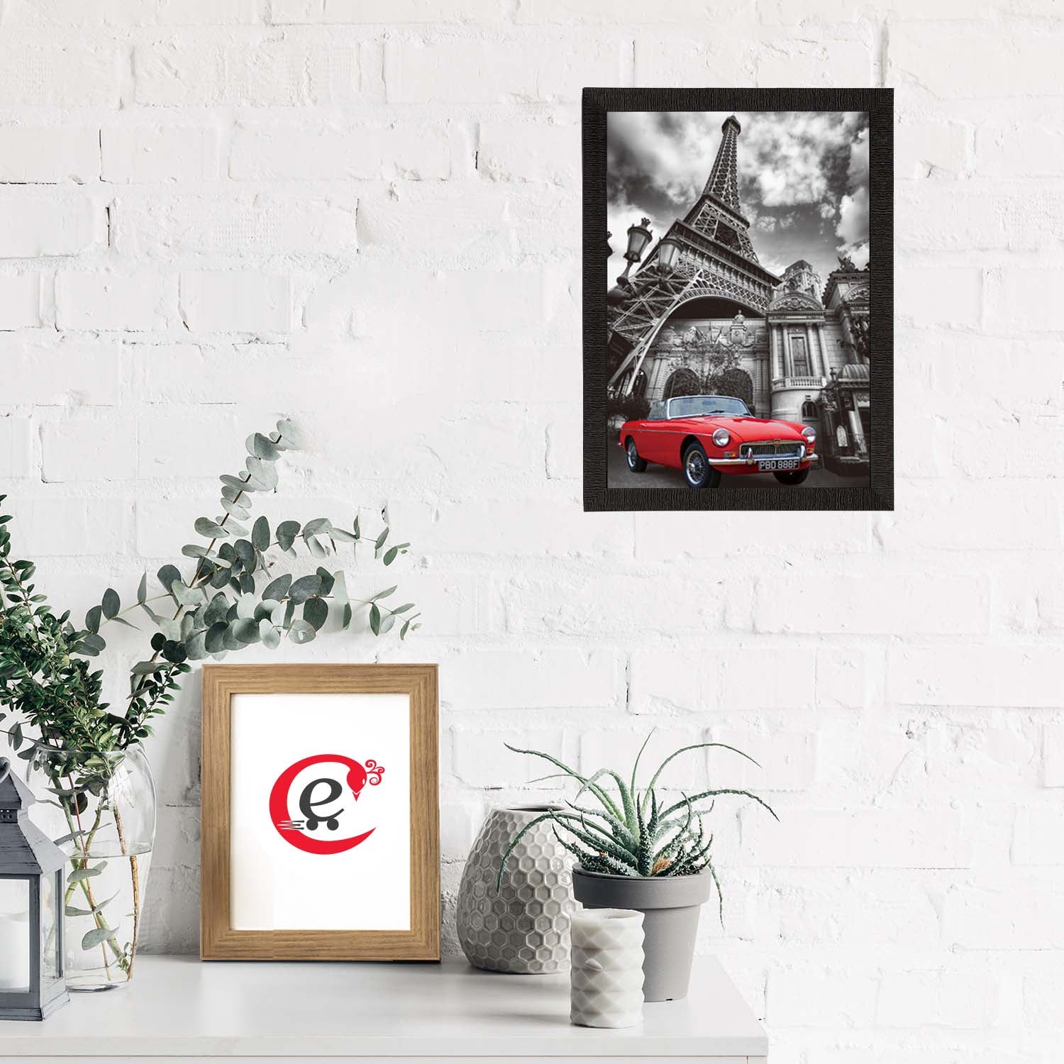 Red Car Underneath Eiffel Tower Satin Matt Texture UV Art Painting