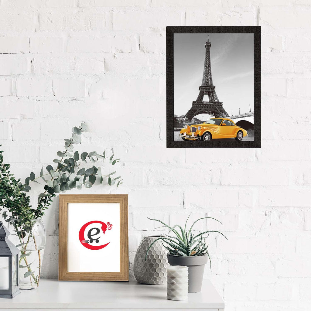 Yellow Car Underneath Eiffel Tower Satin Matt Texture UV Art Painting