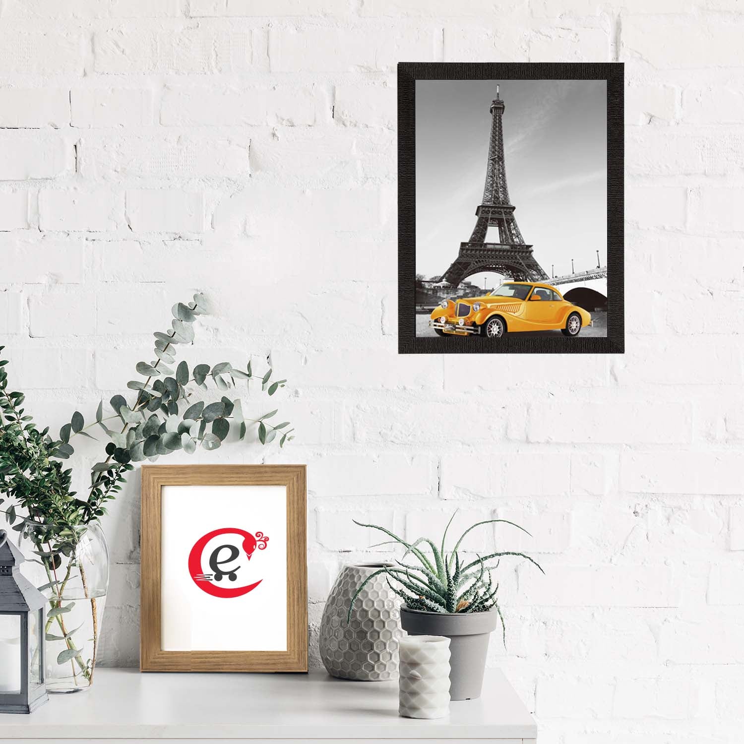 Yellow Car Underneath Eiffel Tower Satin Matt Texture UV Art Painting