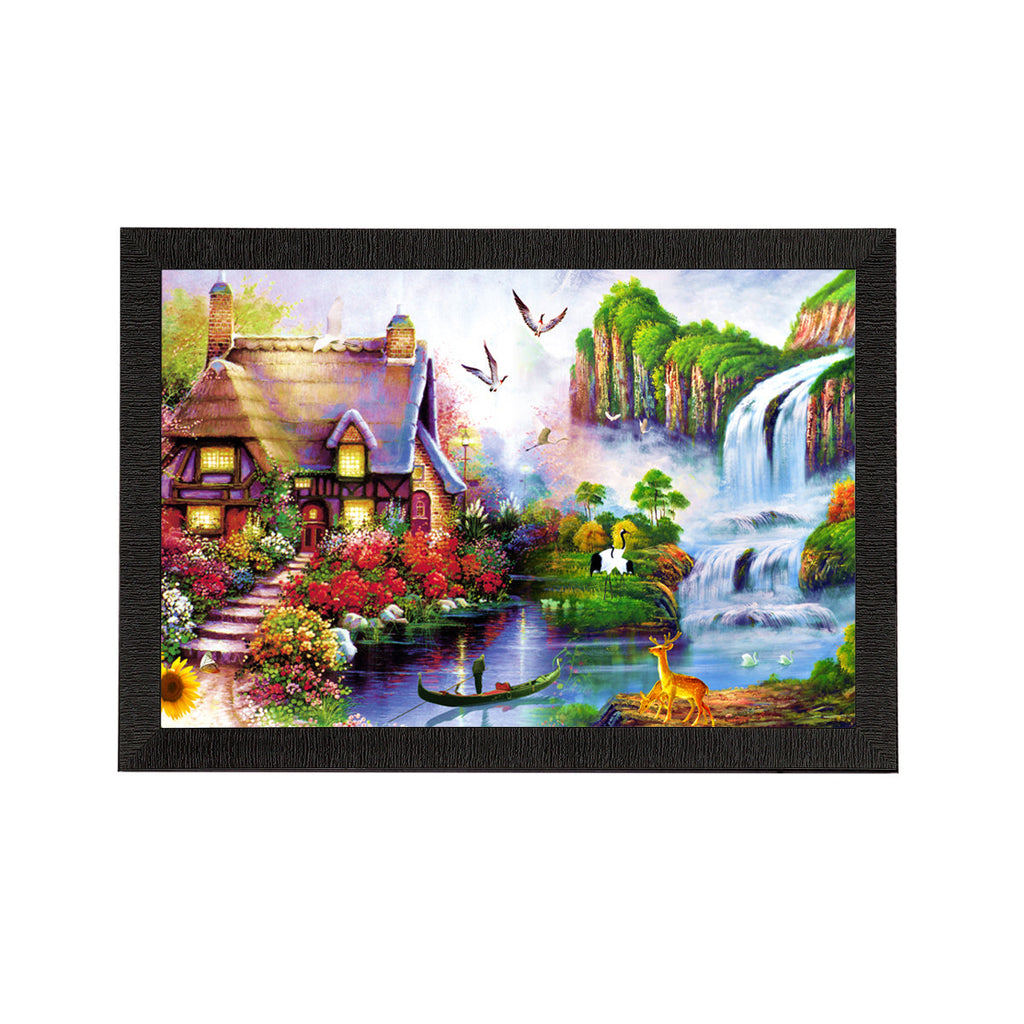 Village Scenic View and Waterfall Satin Matt Texture UV Art Painting Kafalo