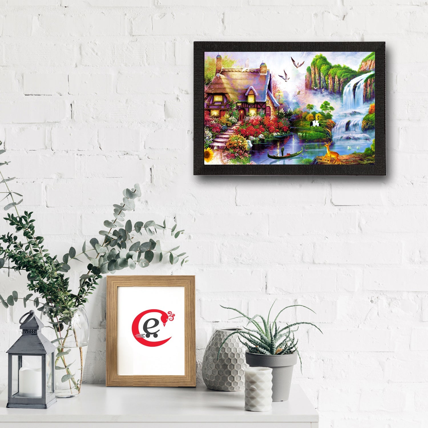 Village Scenic View and Waterfall Satin Matt Texture UV Art Painting Kafalo
