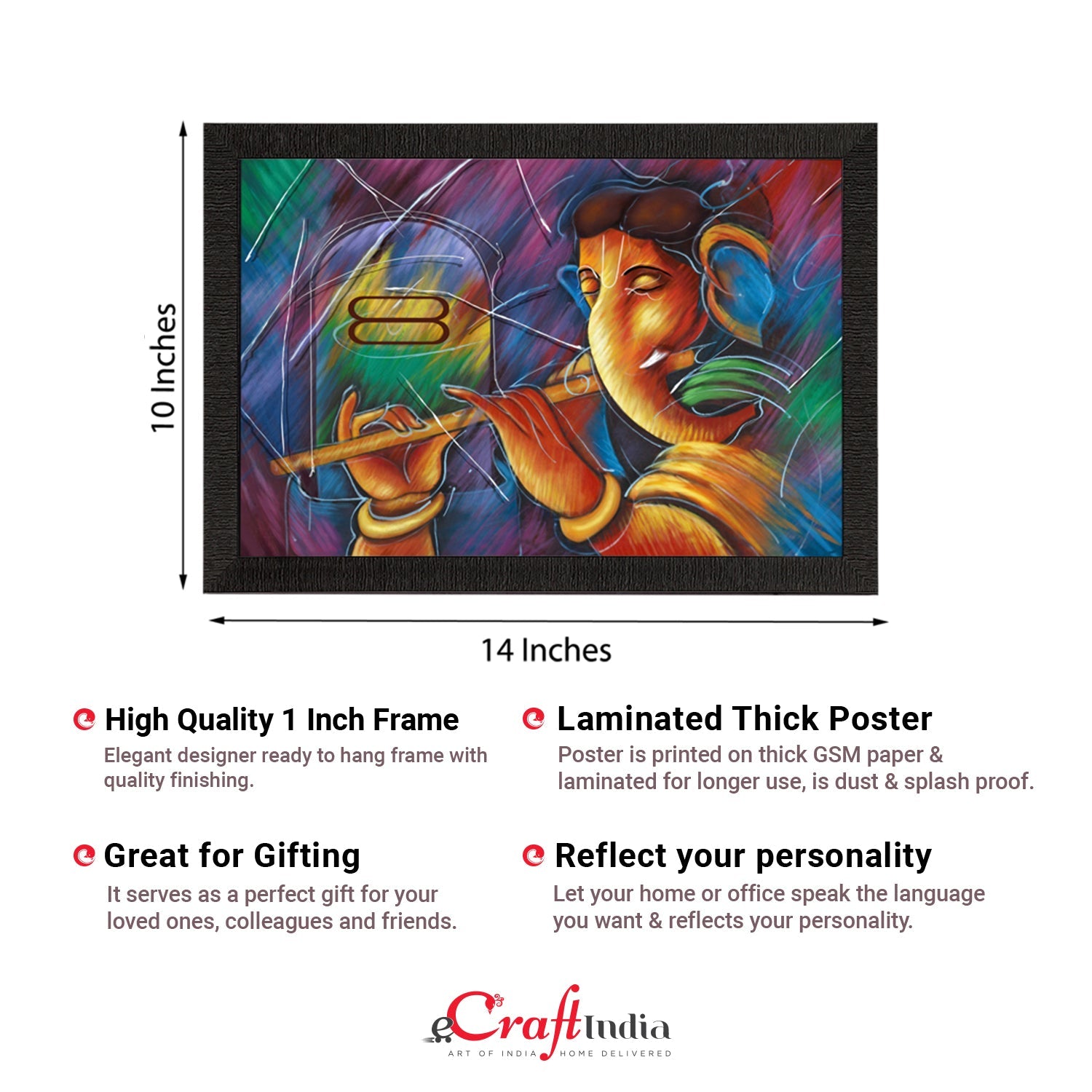 Lord Ganesha Playing Flute Satin Matt Texture UV Art Painting Kafalo