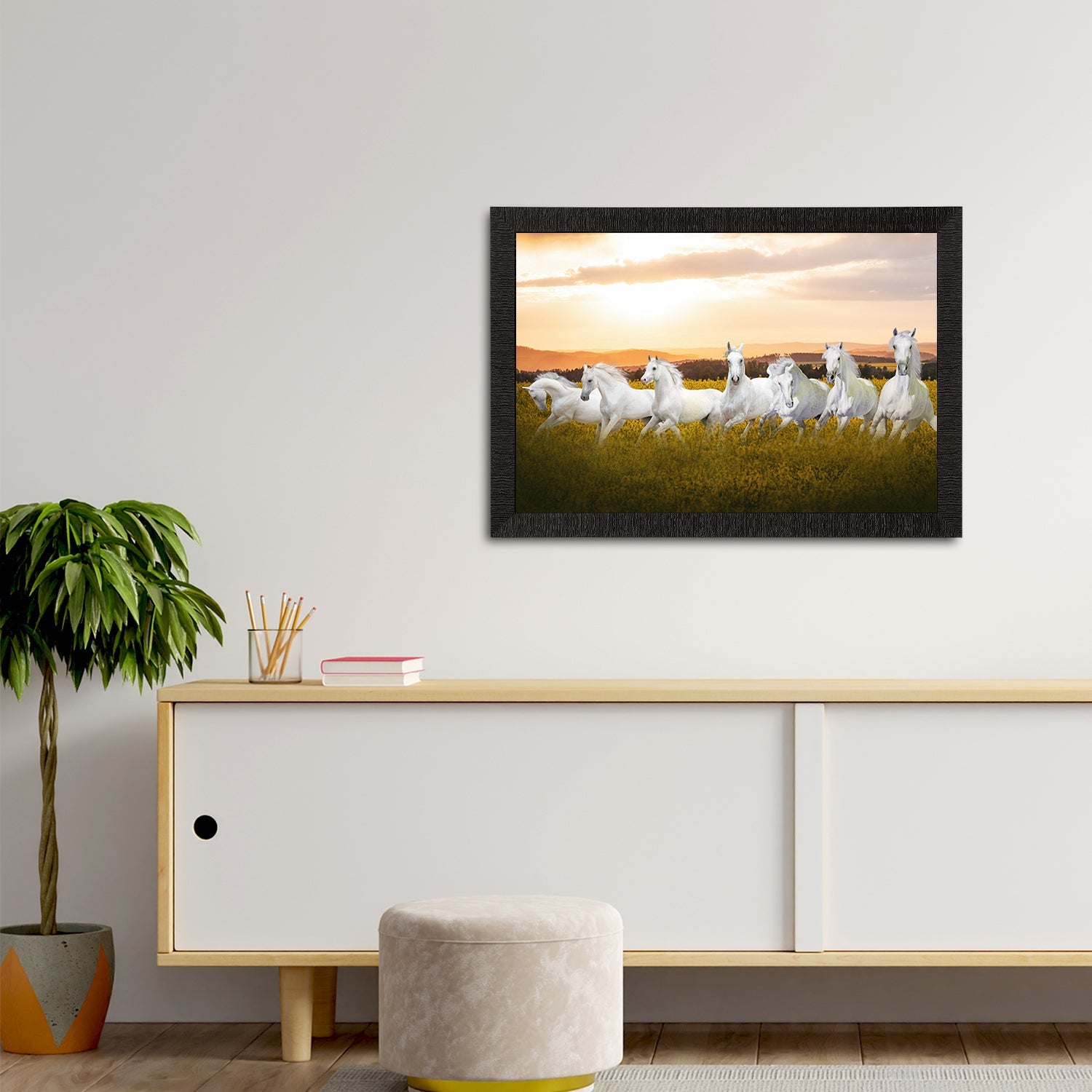 7 White Running Horses Painting Digital Printed Animal Wall Art Kafalo