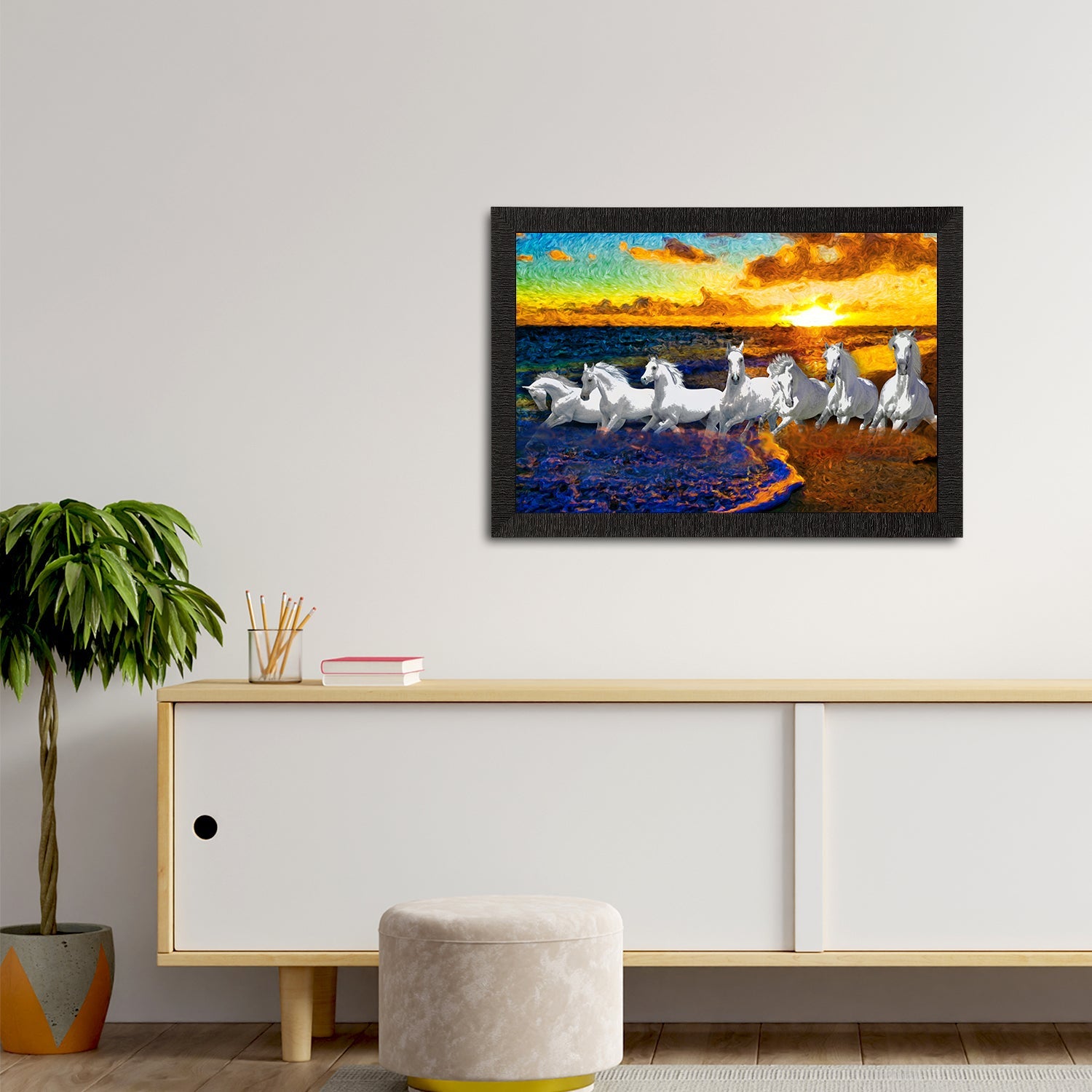 7 White Running Horses Painting Digital Printed Animal Wall Art Kafalo