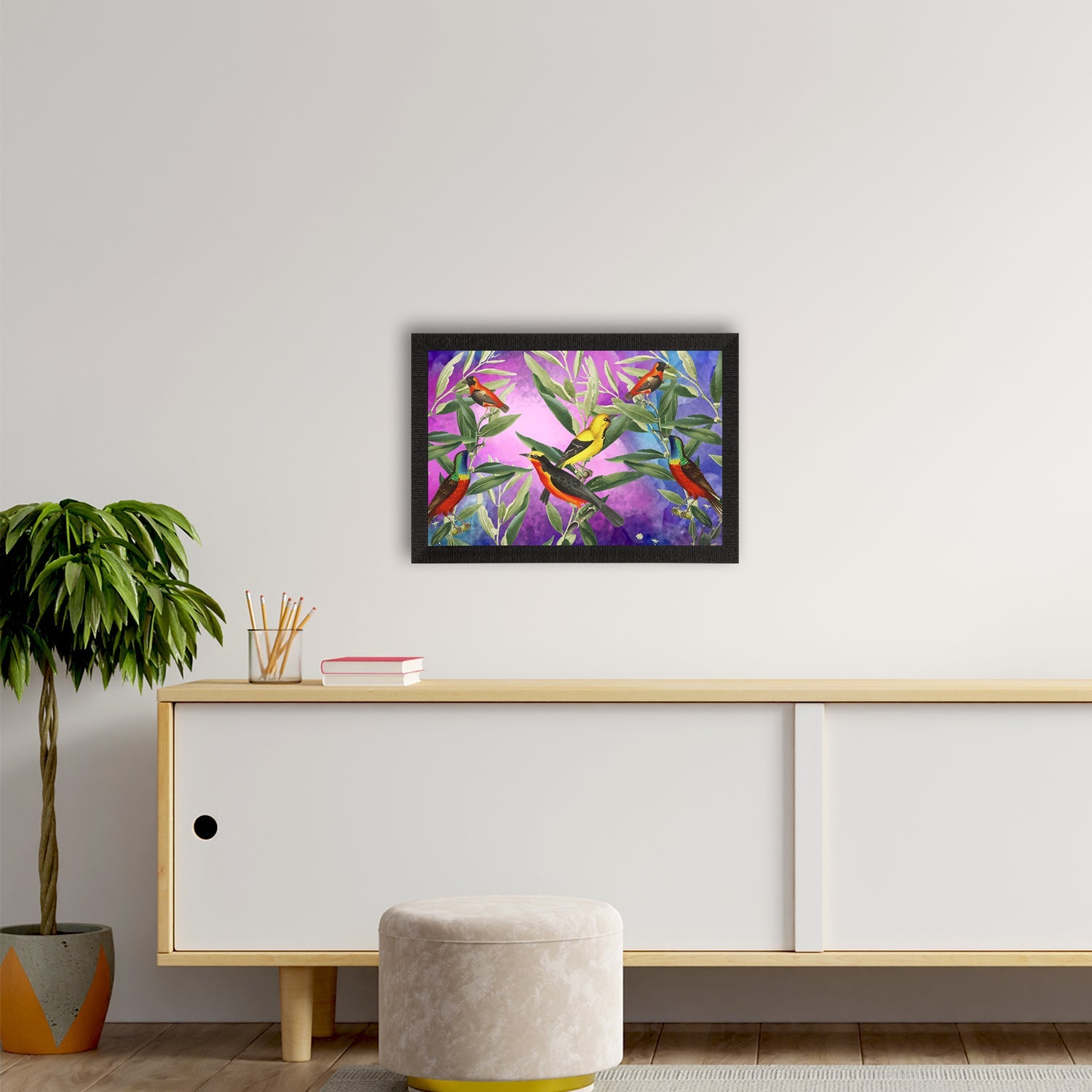 Colorful Birds Sitting on Tree Branch Satin Matt Texture UV Art Painting Kafalo