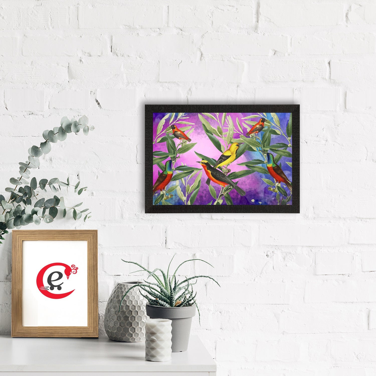 Colorful Birds Sitting on Tree Branch Satin Matt Texture UV Art Painting Kafalo