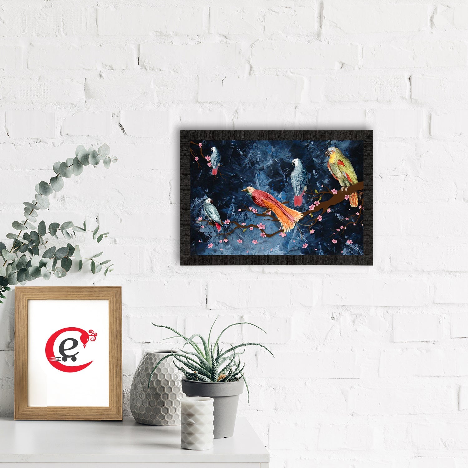 Colorful Birds Sitting on Tree Branch Satin Matt Texture UV Art Painting Kafalo