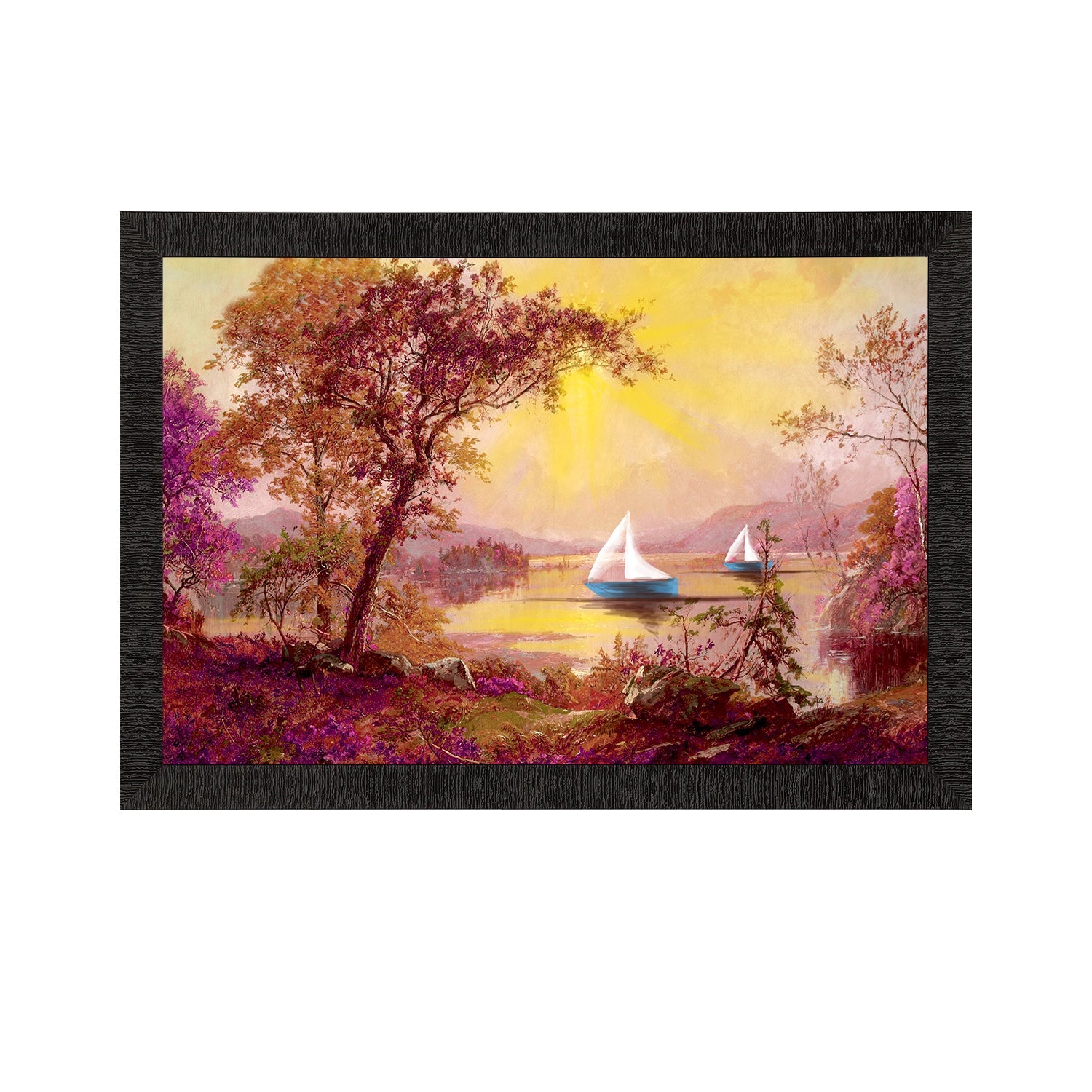 Boats Under River Scenic View Satin Matt Texture UV Art Painting Kafalo