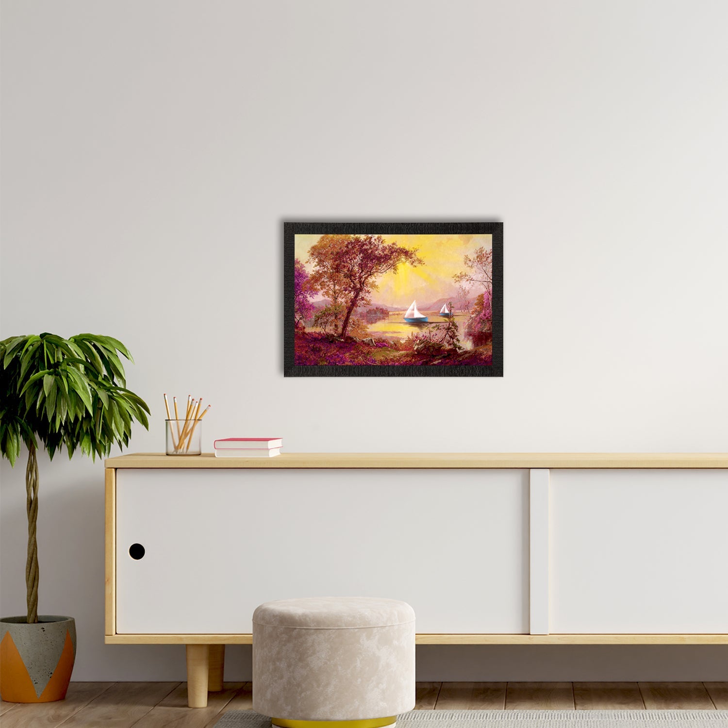 Boats Under River Scenic View Satin Matt Texture UV Art Painting Kafalo