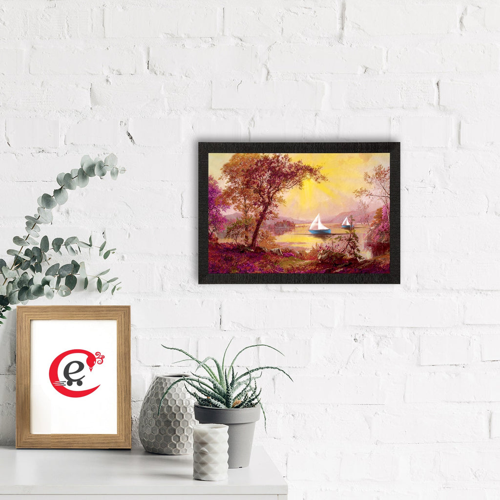Boats Under River Scenic View Satin Matt Texture UV Art Painting Kafalo