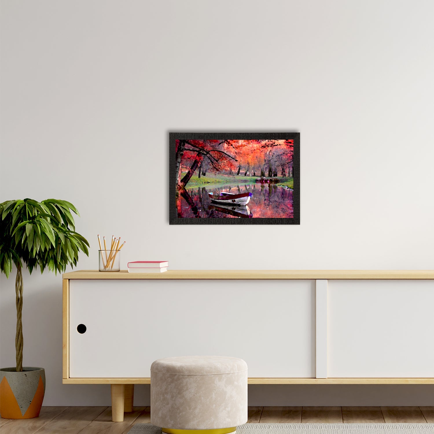 Boat in Lake Scenic View Satin Matt Texture UV Art Painting Kafalo