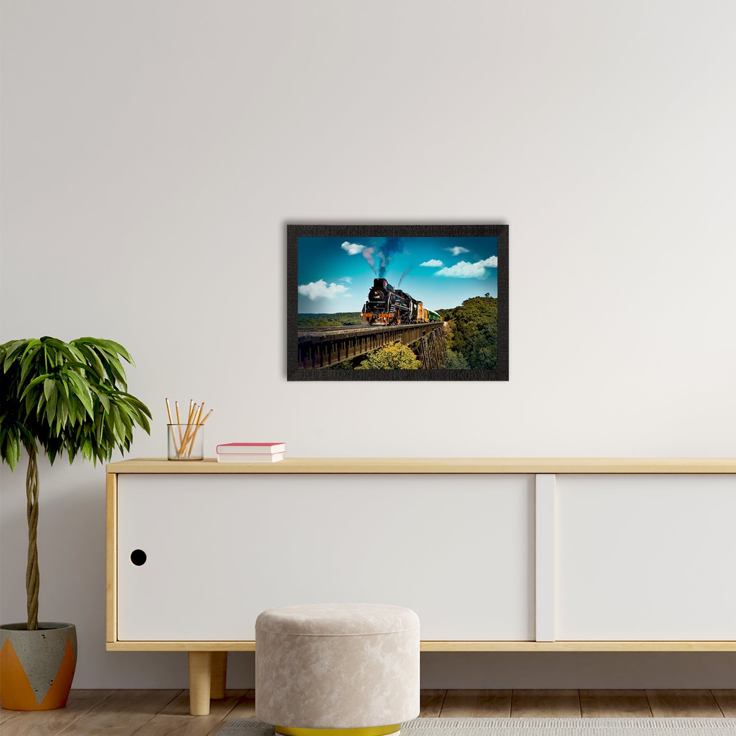 Running Train Over Bridge Scenic View Satin Matt Texture UV Art Painting Kafalo