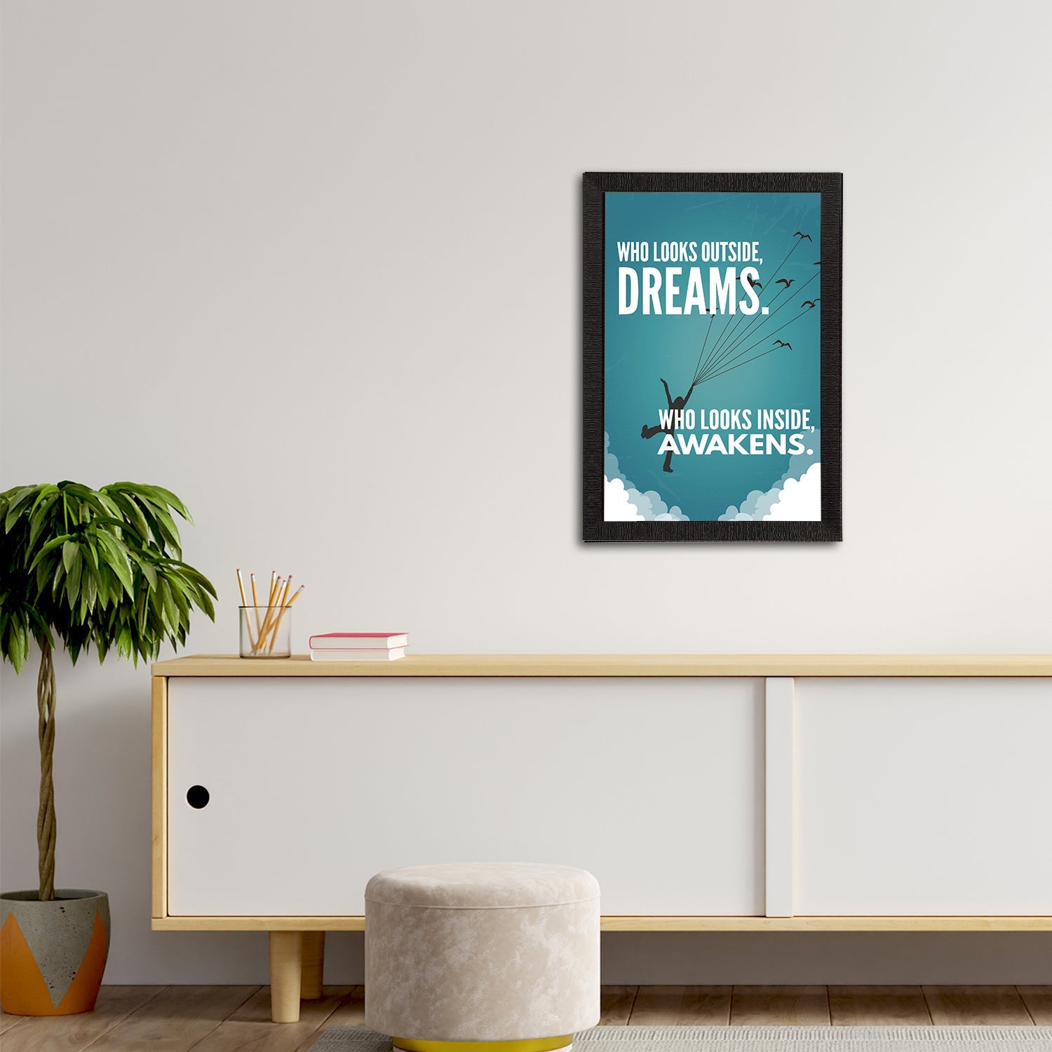 "Who Looks Outside, Dreams. Who Looks Inside, Awakens." Motivational Quote Satin Matt Texture UV Art Painting Kafalo