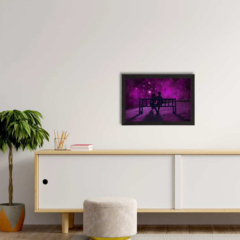 Couple Sitting on Bench during Night under Stars light Satin Matt Texture UV Art Painting Kafalo