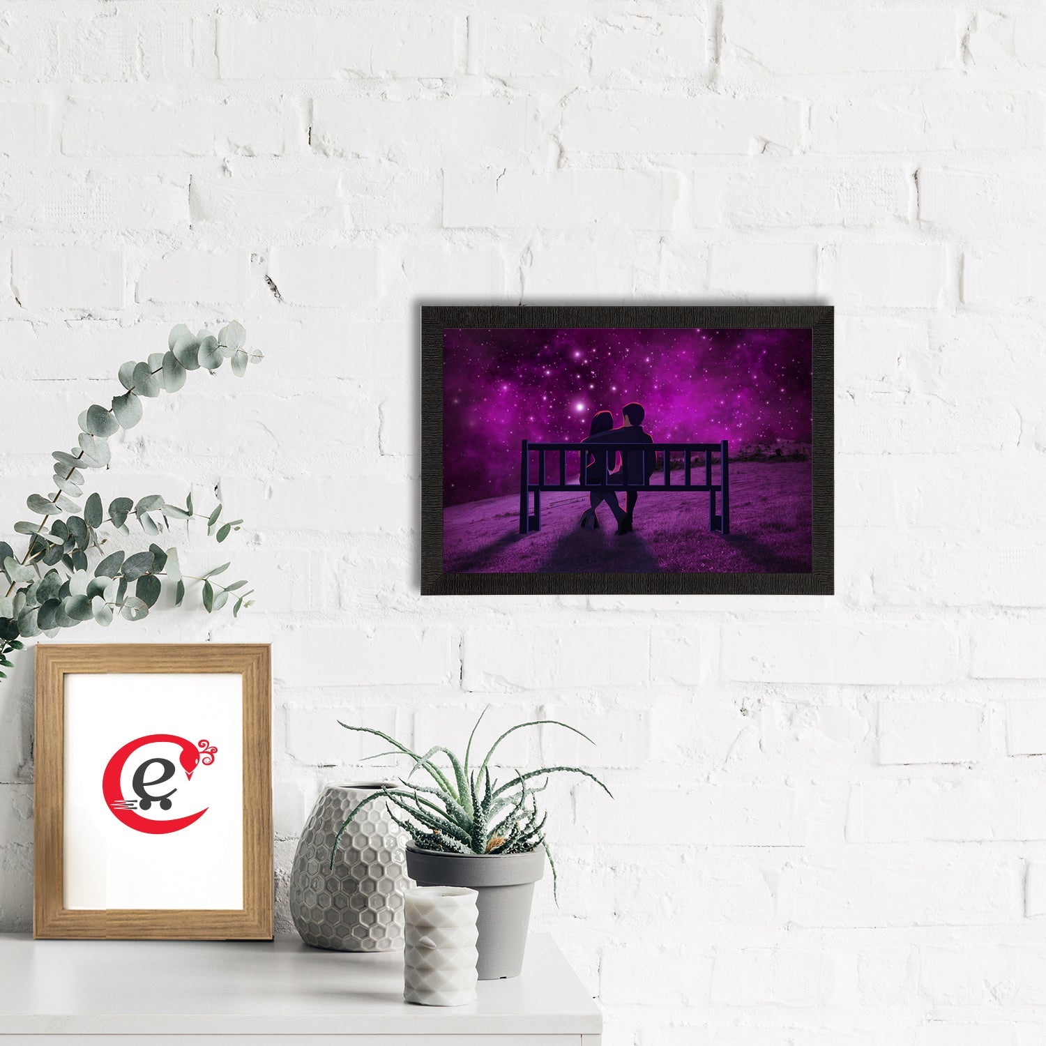Couple Sitting on Bench during Night under Stars light Satin Matt Texture UV Art Painting Kafalo