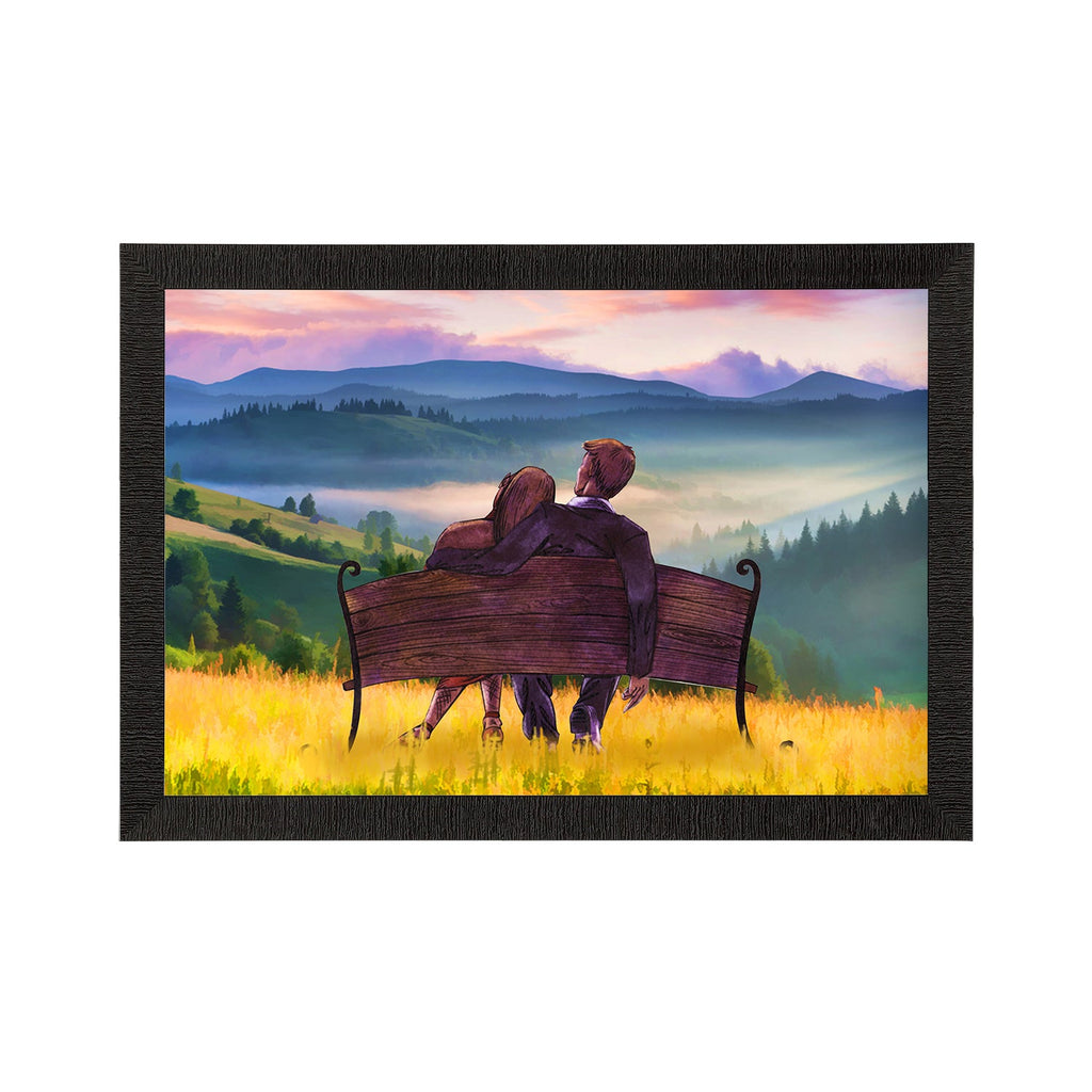 Couple Sitting on Bench and viewing Mountains Love Theme Satin Matt Texture UV Art Painting Kafalo