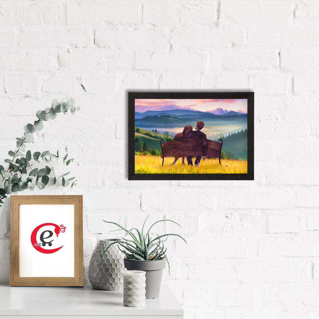 Couple Sitting on Bench and viewing Mountains Love Theme Satin Matt Texture UV Art Painting Kafalo